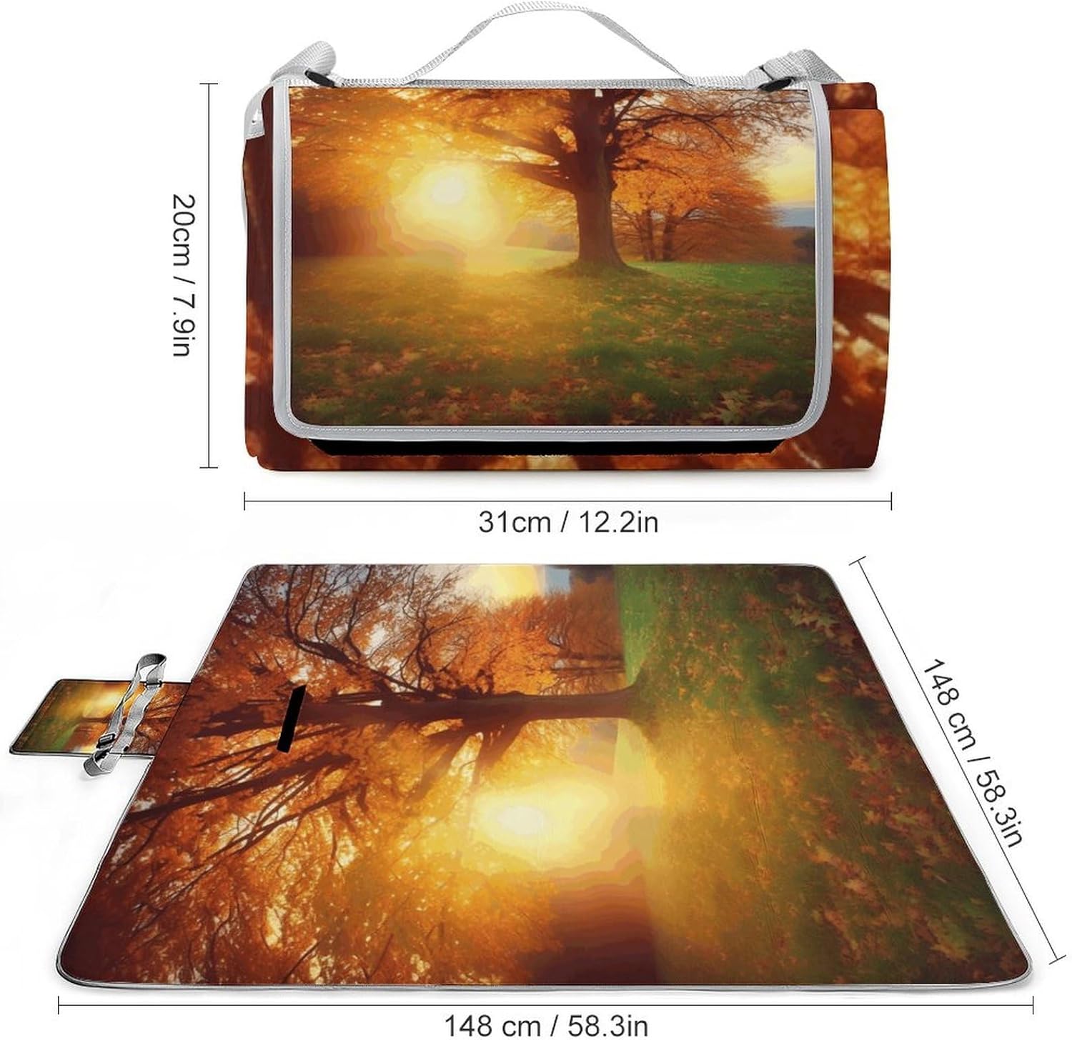 Autumn Sunset Waterproof Picnic Blanket 58.3''x58.3'',Portable and Foldable Picnic Mat with Handle,Outdoor Blankets for Lawn Park Beach Travel