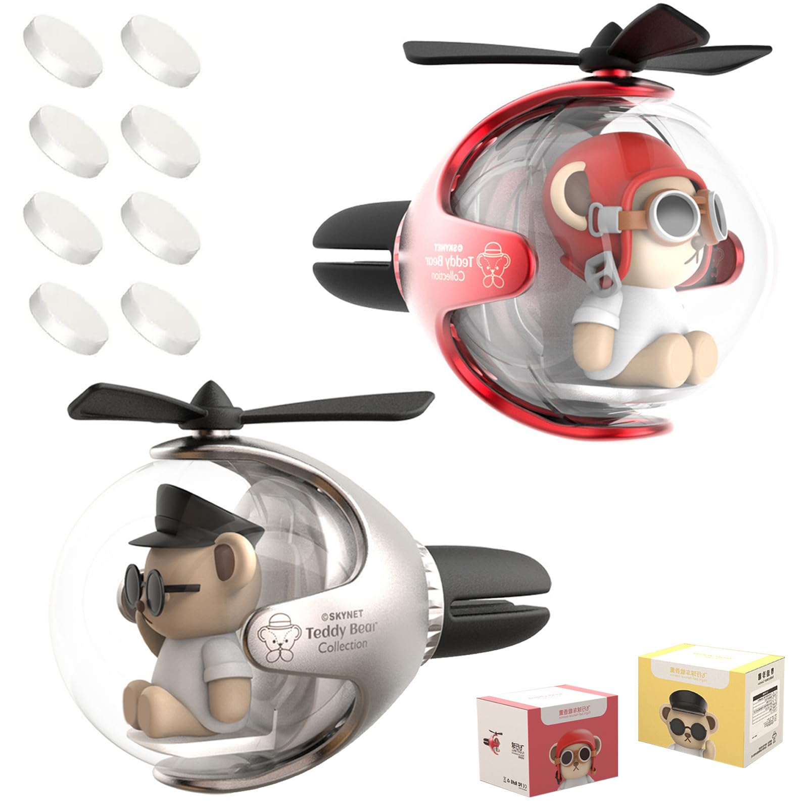2Pcs Pilot Car Air Freshener, Cute Bear Car Vent Clip Air Freshener Automotive Air Outlet Fan Diffuser, Automotive Interiors Vent Decoration (Silver+Red)
