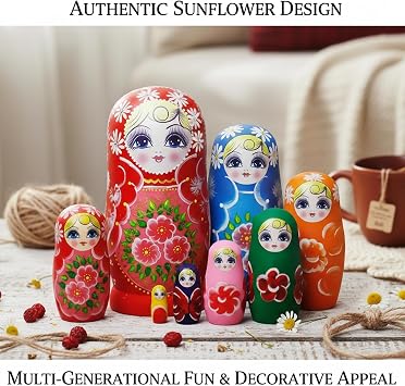 Sunflower Print Russian Nesting Dolls Set of 7 – Wood Matryoshka Doll for Kids Adults