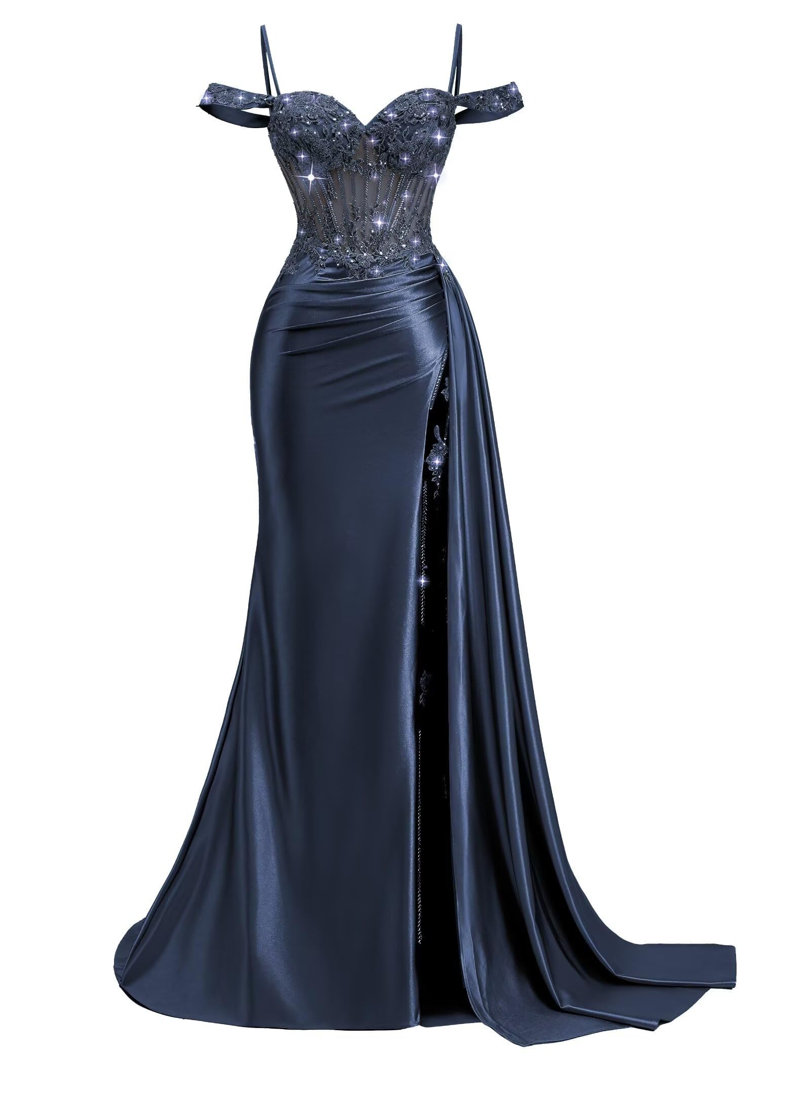Schulterfreie Satin Ballkleider Damen Lang,Meerjungfrau Spitzen Abendkleider mit Schleppe Spaghettiträger Perlen Ballkleid mit Schlitz