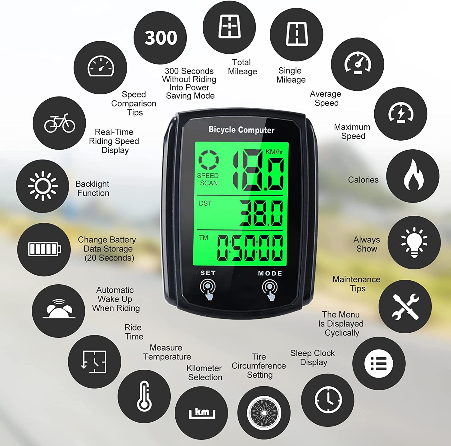 Linist Wired Bicycle Computer,MPH KM/H Bicycle Computer,Digital LCD Backlight Display Bike Speedometer,Universal 19 Functions IP54 Waterproof Bicycle Speedometer 4