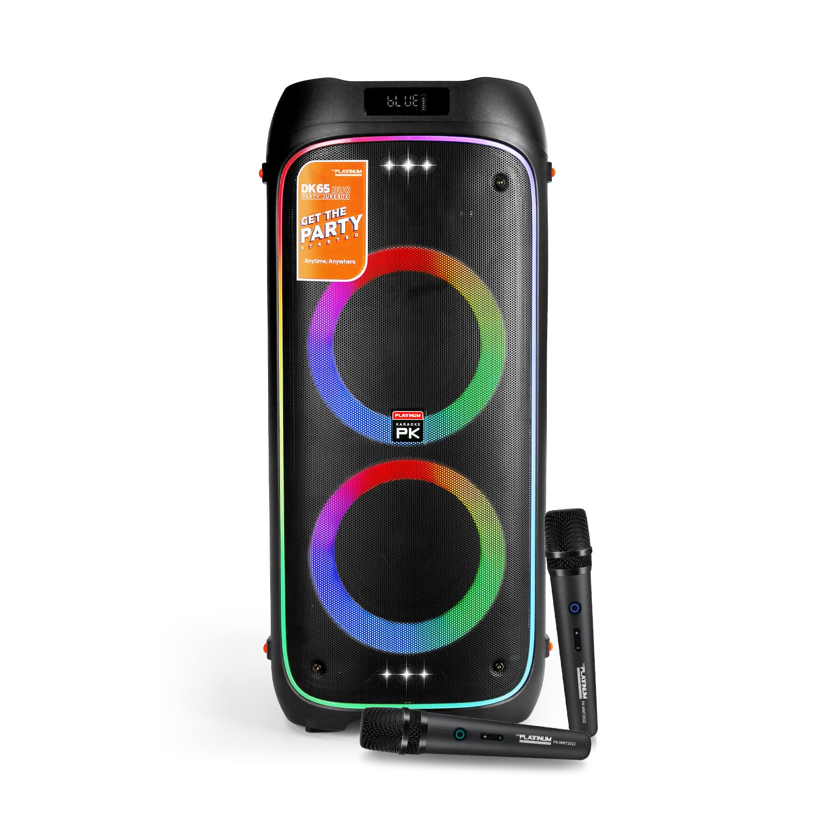 The platiunm DK65 Karaoke Portable Systems for Adults with 2 Wireless Microphone with Bass/Treble Adjustment LED Party Lights,Features Over 23k Songs 7k Filipino Tagalog 4k Hind 12k English