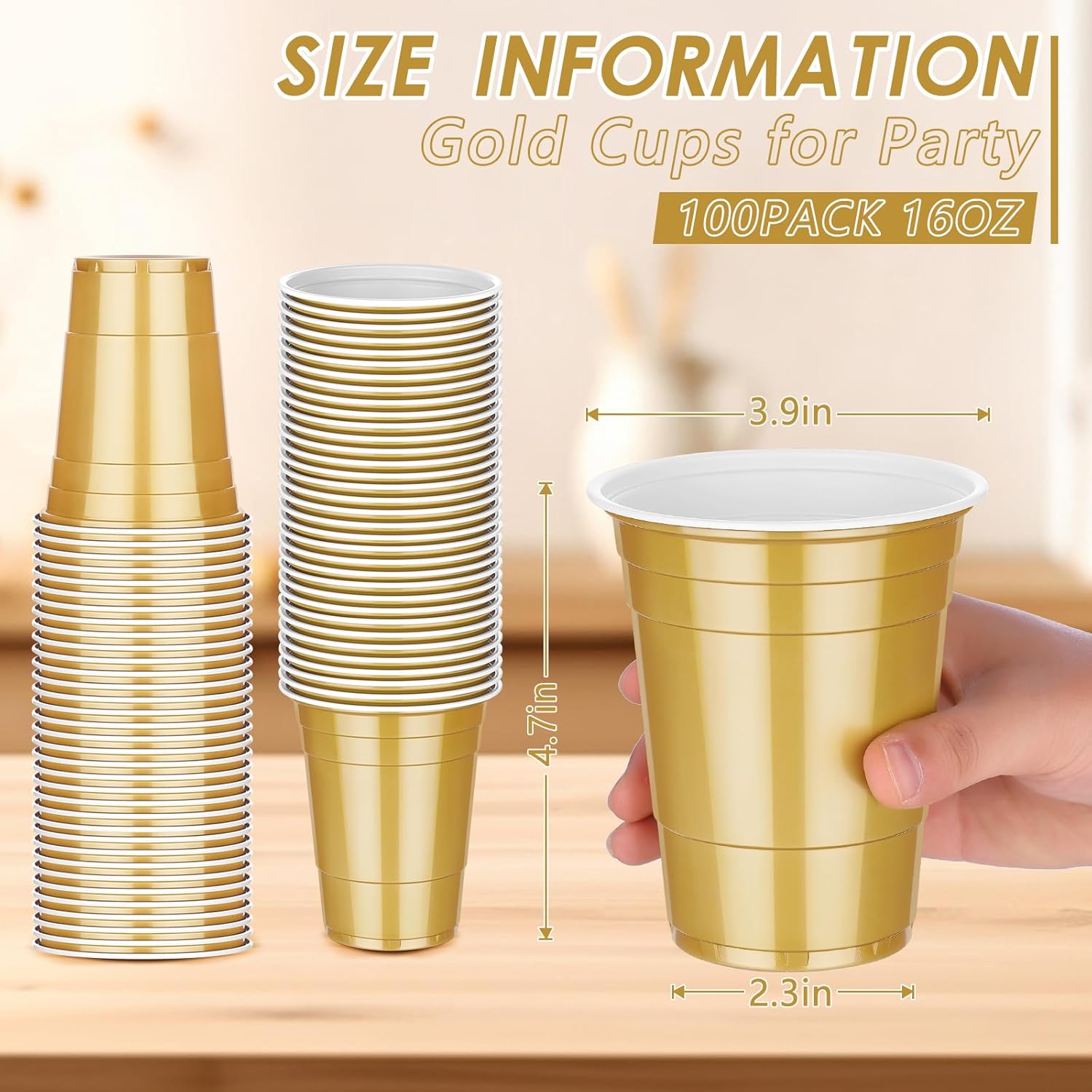 Dualshine 100 Pack 16 oz Gold Plastic Cups, Disposable Plastic Party Cups, Heavy Duty Drinking Water Cup for Wedding Birthday Graduation Valentine's Day Christmas Baby Shower Picnic Barbecues Supplies - Image 7