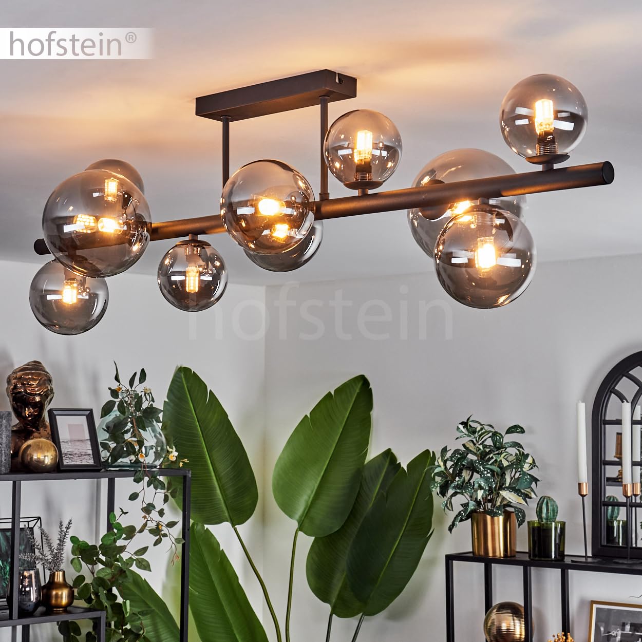 HOFSTEIN Plafoniera Chehalis, lampada da soffitto in metallo/vetro nero/fumé, illuminazione dal design moderno retrò/vintage con paralume in vetro (Ø 10 cm, 12 cm, 15 cm), 10 x G9, senza lampadine