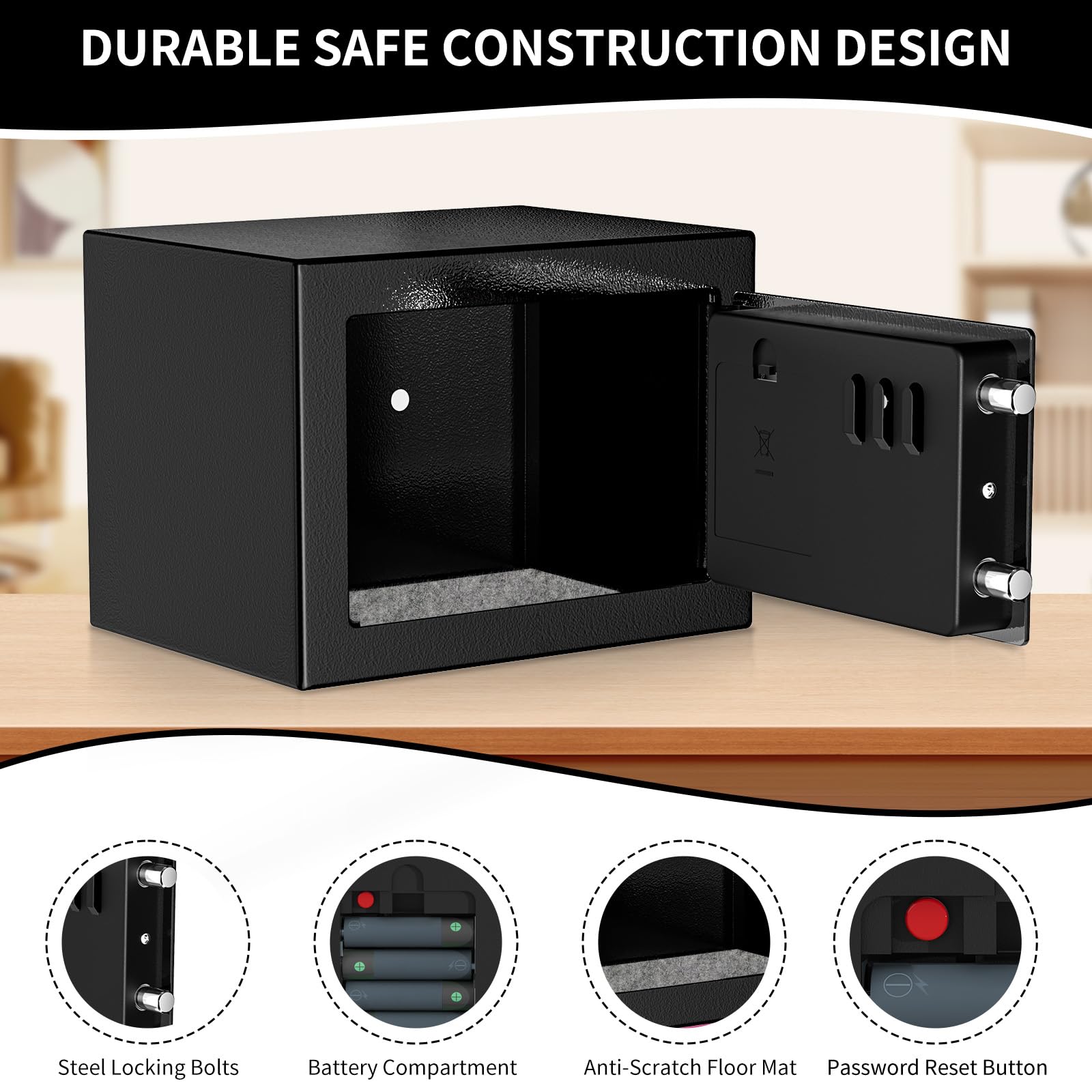 Digitaler Safe 6,8 l, kleiner Tresor für Zuhause, elektronische Sicherheitskassette, Wandtresor fürs Homeoffice mit 2 Schlüsseln, Mini-Safe 23 x 17 x 17 cm, schwarz