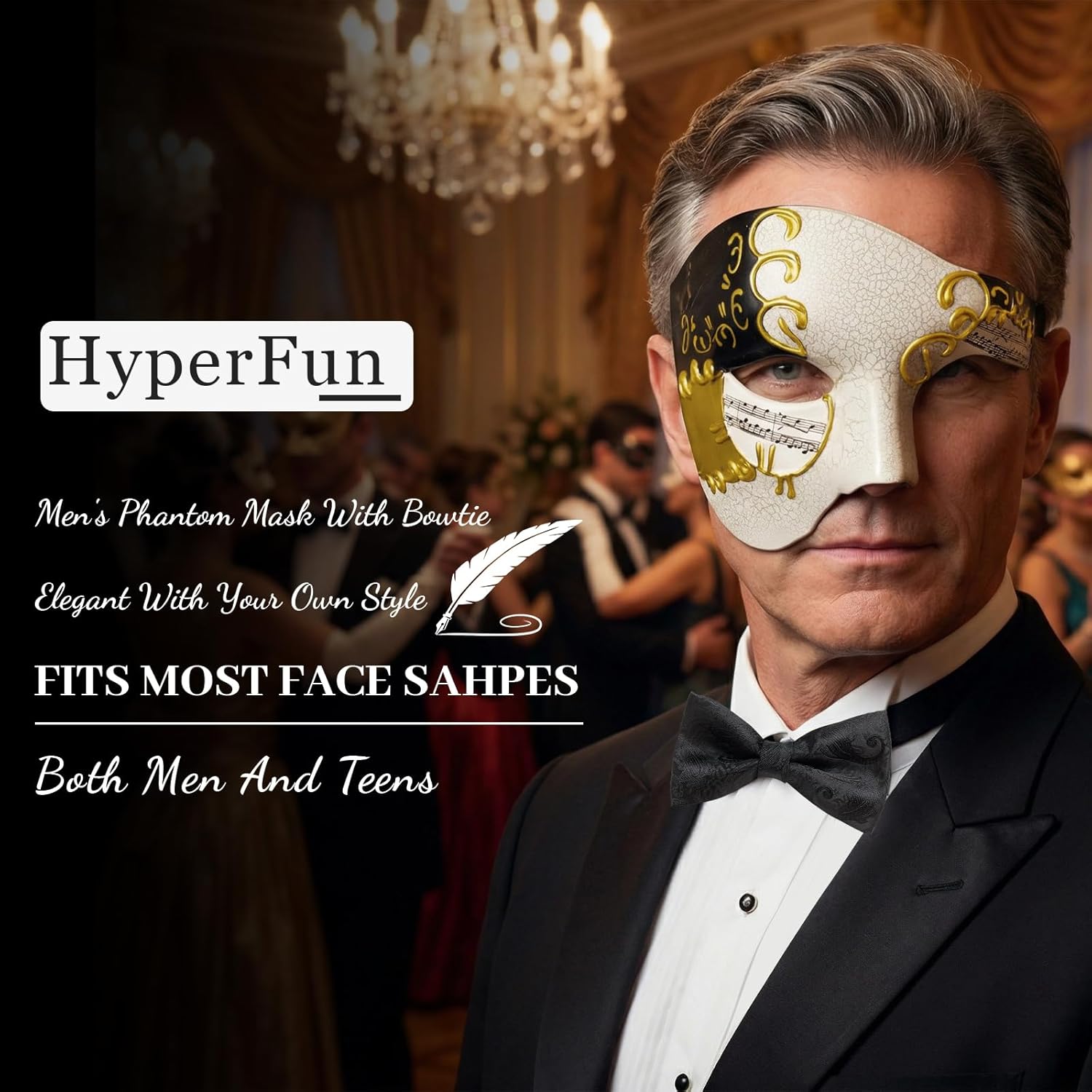 HyperFun Masquerade Mask for Men Phantom of the Opera Half Face Mask with Bowtie, Vintage Venetian Masks for Costume Parties