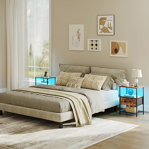 Miniatura 2 de Night Stand Set 2, End Table with Charging Station, LED Bedside Table with Fabric Drawer for Bedroom, 3-Tier Side Table with Open Shelf, Rustic