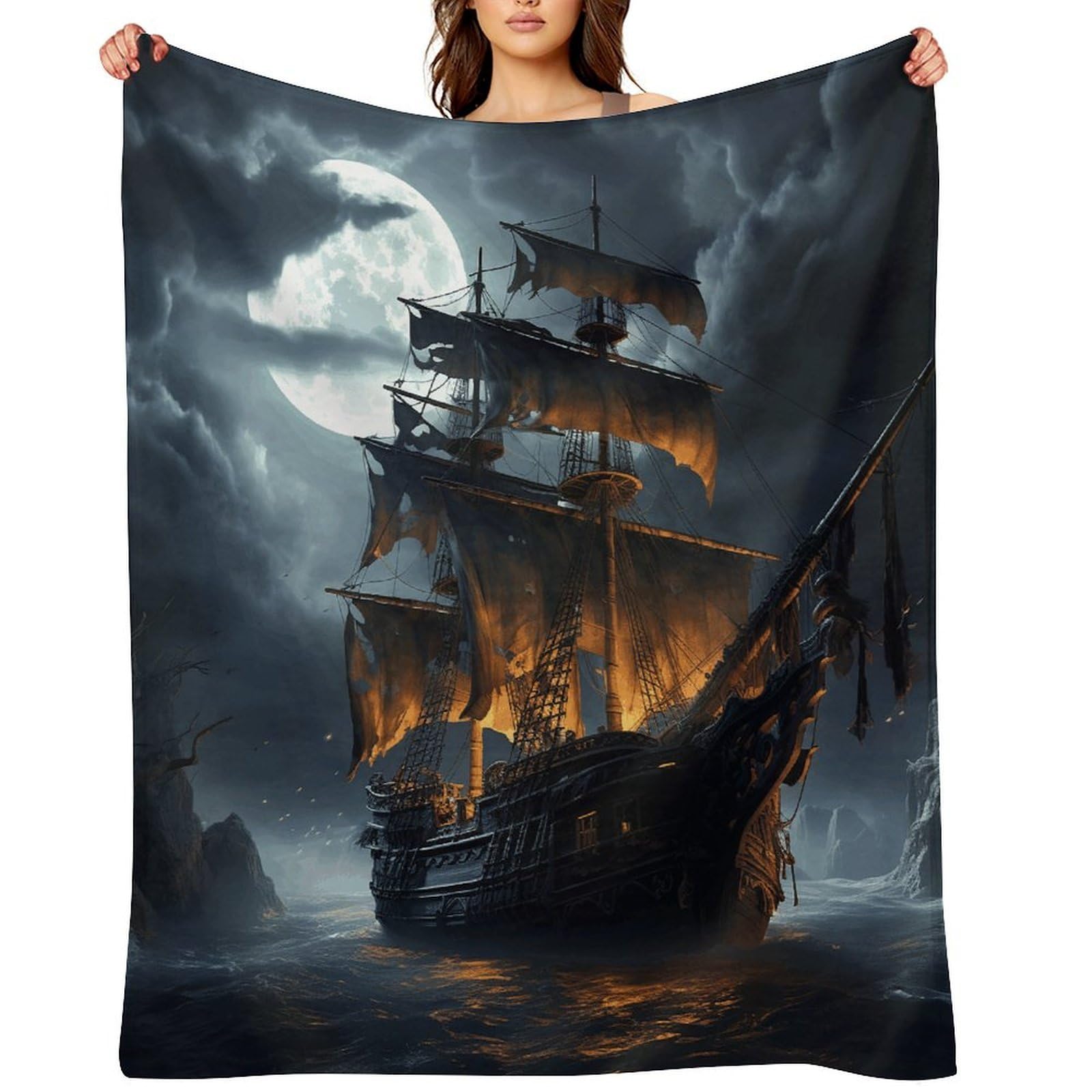 Pirate Sailboat Full Moon Blankets Large Luxury Flannel Throw Blanket Fashion Thick Blanket for Sofa&Bed Blankets Cozy Ultra-Soft Bath Towel for Men&Women 40"x50"