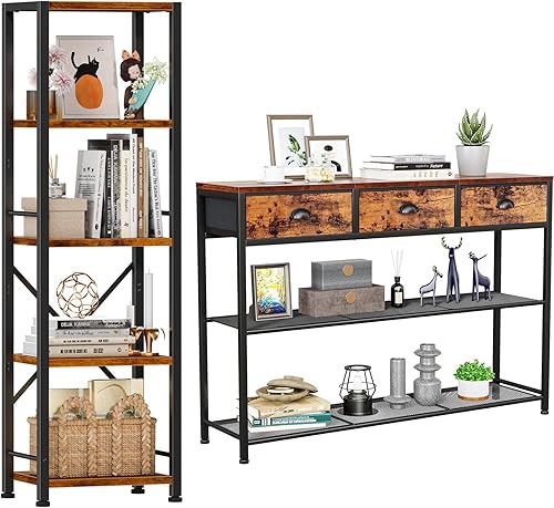 Furologee Rustic Console Table and Bookshelf Set, 38'' Entryway Table with 3 Fabric Drawers, 5 Tier Tall Narrow Bookshelf, Industrial Sofa Table