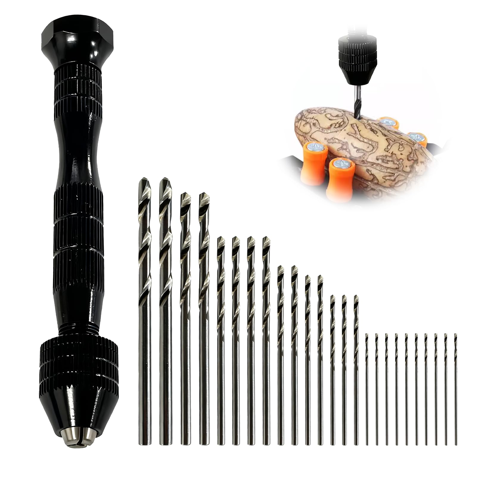 27 Piezas Mini Taladro de Mano con 25 Brocas Micro, Taladro Manual de Precisión para Manualidades, Madera, Plástico, Modelismo, Joyería Bricolaje, Herramienta de Perforación Fina con Bloque de Pulido
