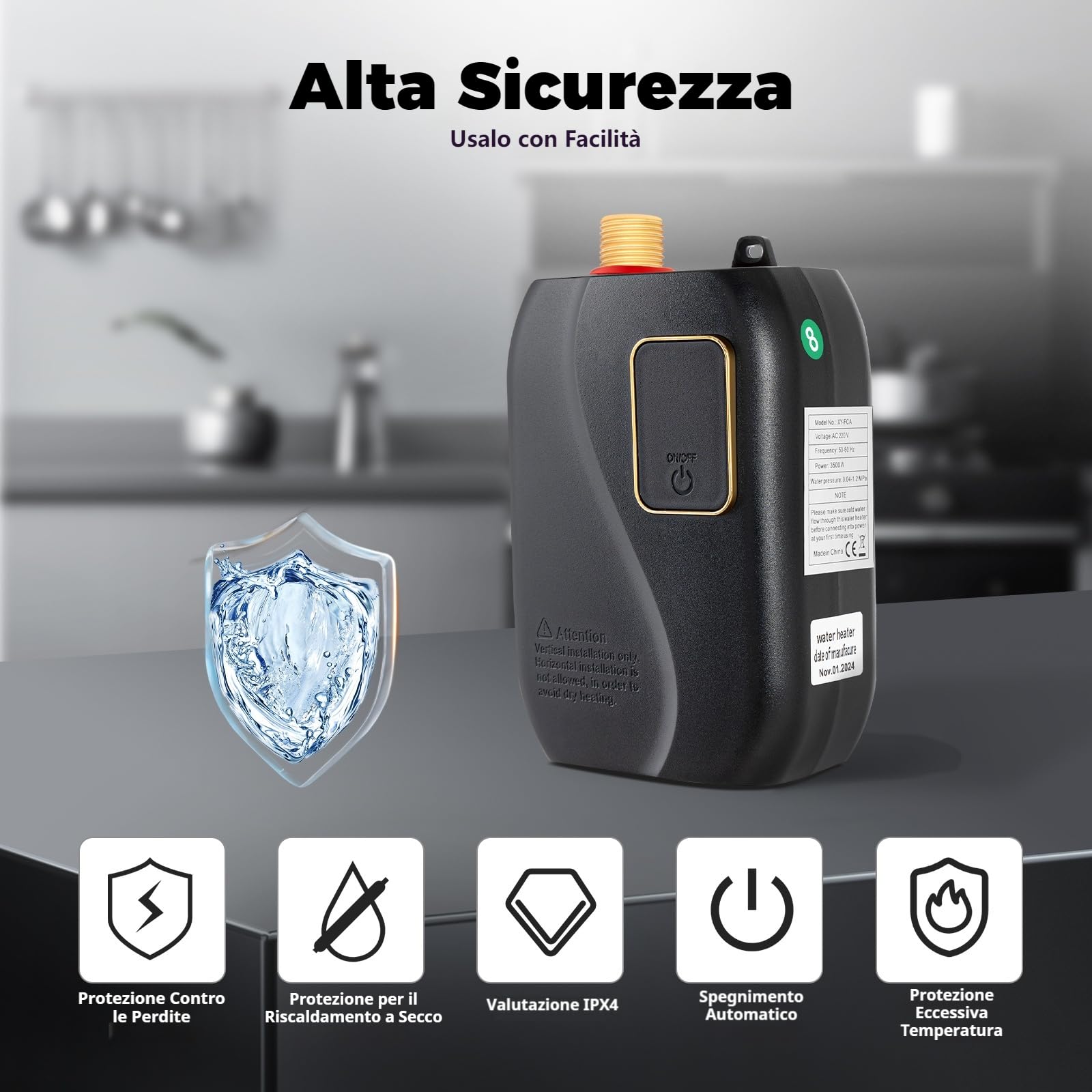 Scaldacqua istantanea 220 V 3,5 kW elettrico con display LCD – Dispositivo da parete compatto per cucina e bagno – Mini scaldabagno istantaneo acqua calda istantanea