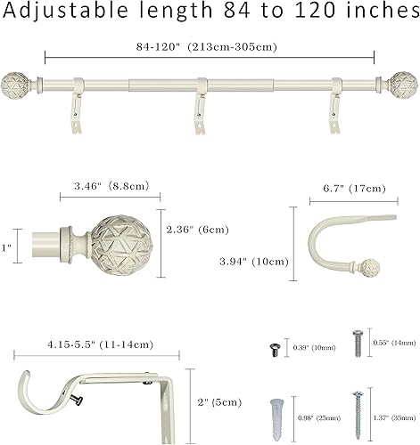 Miniatura 3 de eTeckram Barra de cortina de 1 pulgada con remates de bola geográfica (blanco desgastado, 84 a 120 pulgadas)