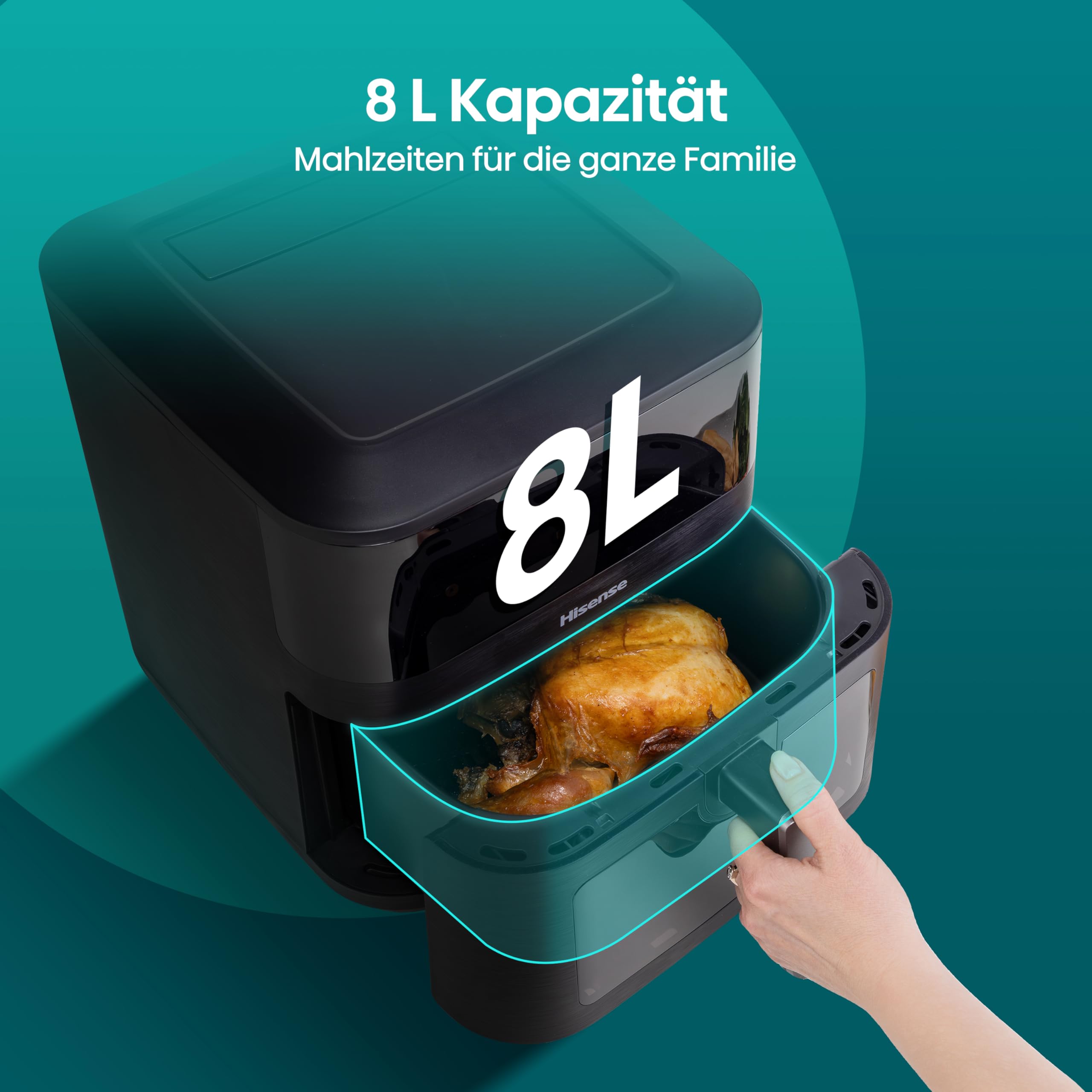 Hisense HAF2100DCD Heißluftfritteuse /2100 W /7,7 L Kapazität /10 voreingestellte Programme/Antihaft-Beschichtung/Energieeffizient/Start Delay Funktion/HxBxT: 40,1 x 31 x 35 cm/Schwarz