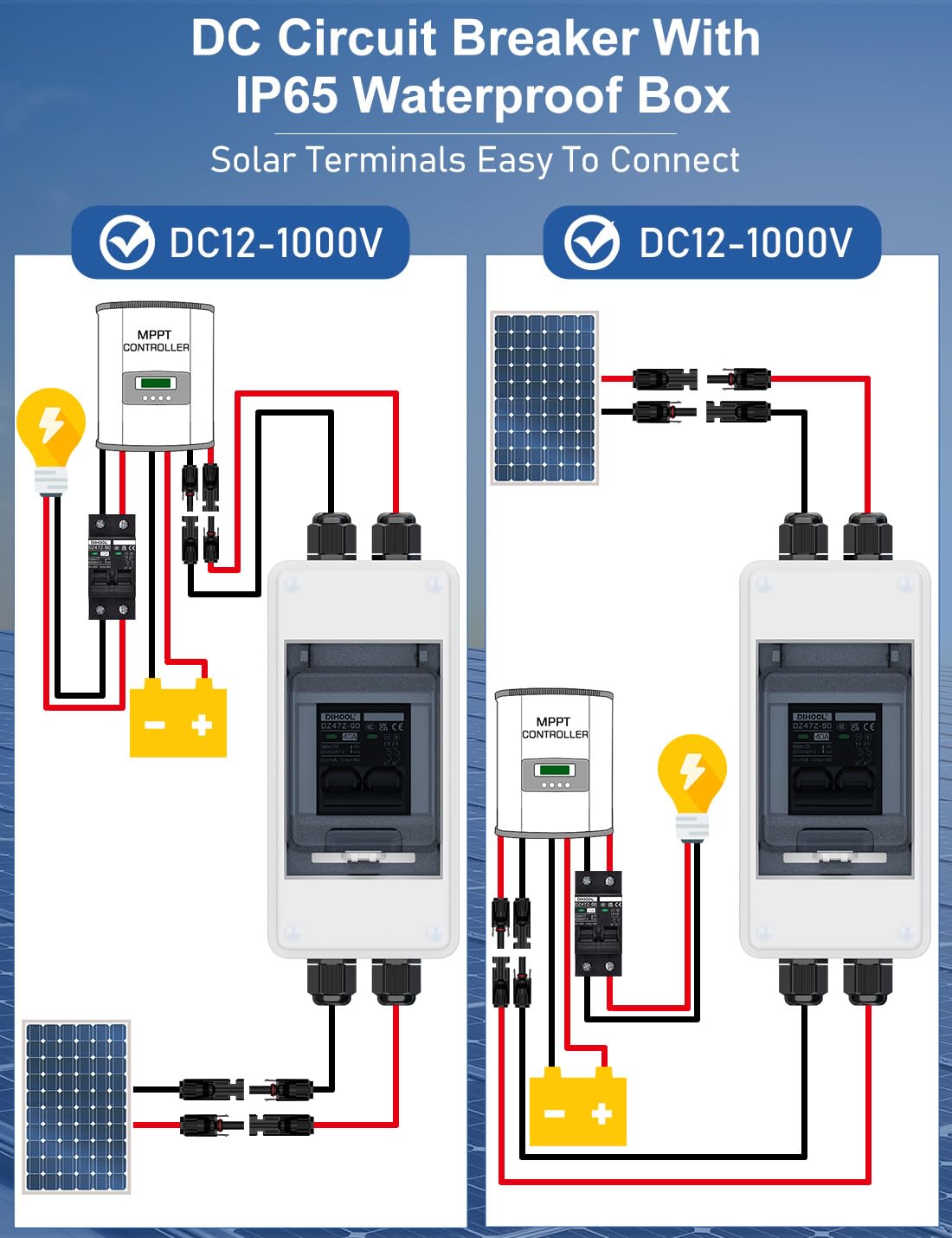 DIHOOL 40A 1000V interruptor de protección de circuito DC disyuntor de protección fotovoltaica con carcasa IP65 impermeable conector solar cable para instalaciones solares