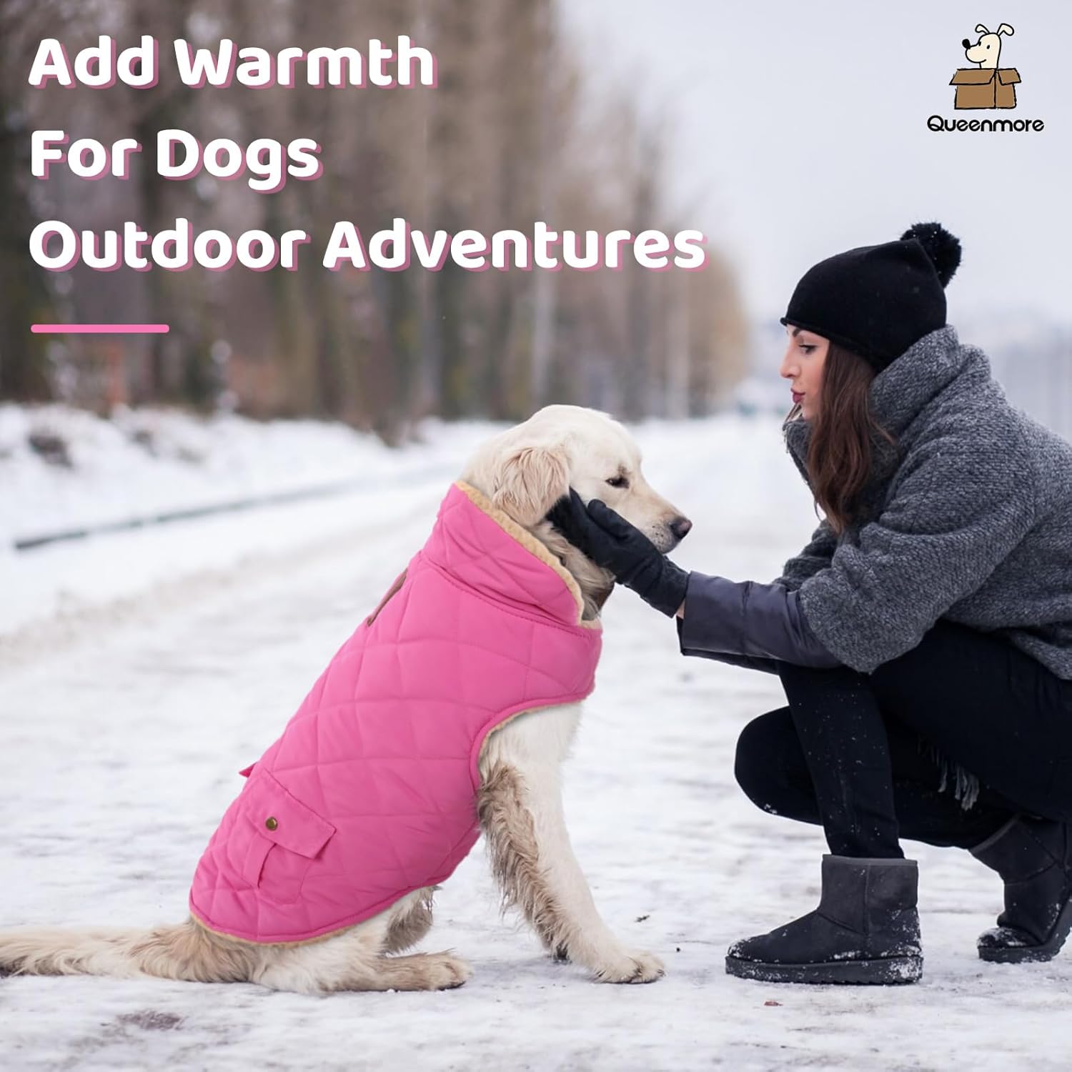 Queenmore Dog Winter Coat - Fleece Jacket, Waterproof Cold Weather Dog Clothes, Thick Warm Cotton Padding, Easy On Storage Pockets (Pink, X-Small) - Image 6