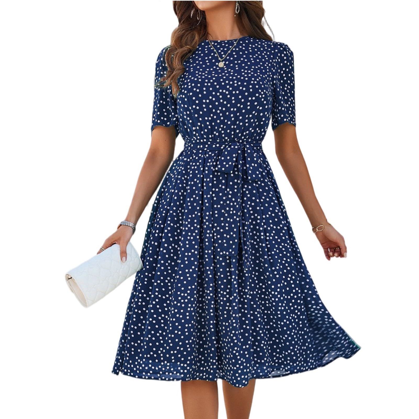 Midikleid Damen Sommer Punkte Chiffonkleid Elegant A Linie Sommerkleid Frauen Midi Kurzarm Italienische Kleider Gepunktet Kleid Chiffon Mit Gürtel Sommerkleider Leicht Und Luftig Partykleid