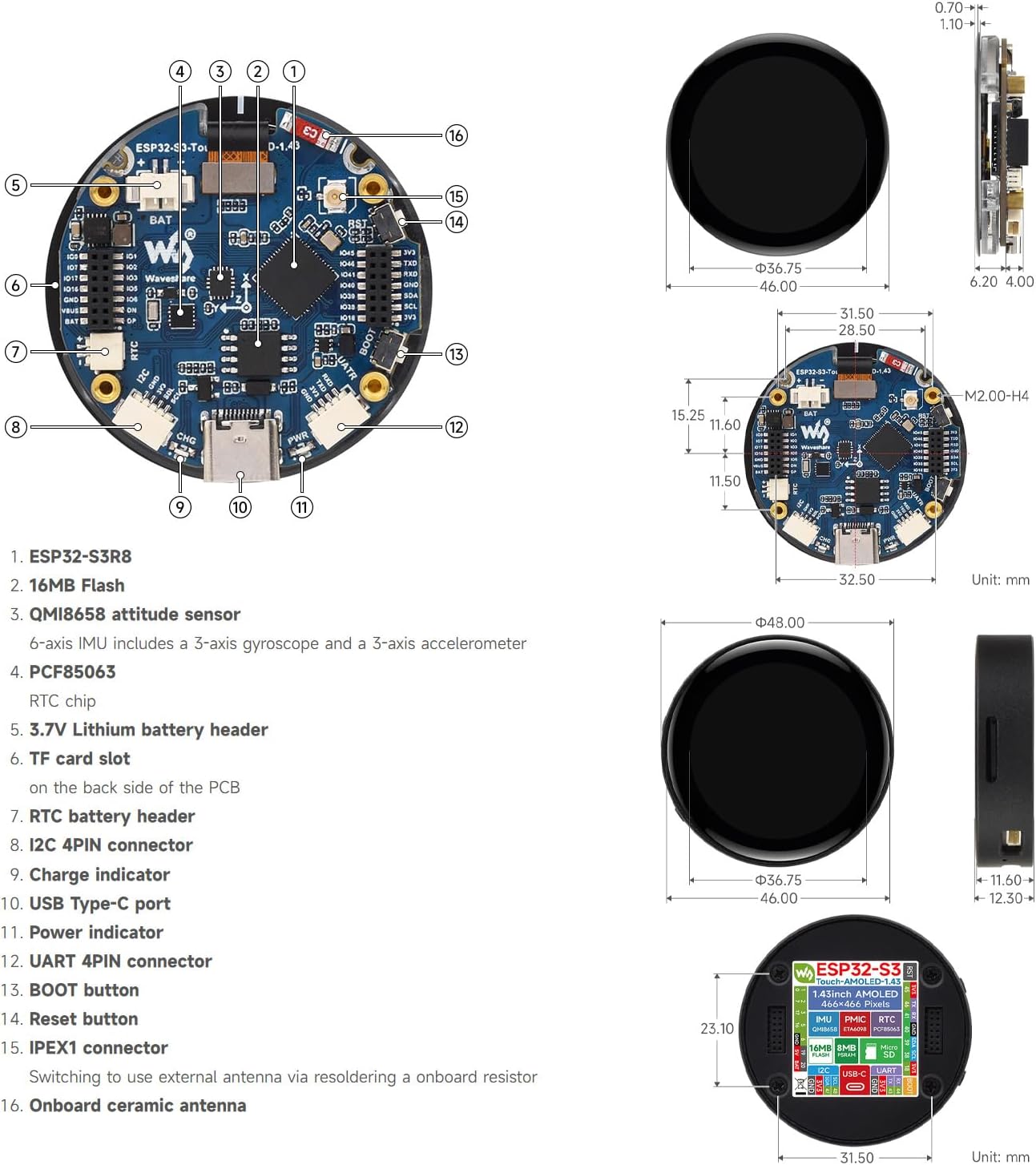 Waveshare ESP32-S3 1.43inch AMOLED Display Development Board, 466×466, QSPI Interface Round Display, Onboard Accelerometer and Gyroscope Sensor, RTC Chip, Without Case