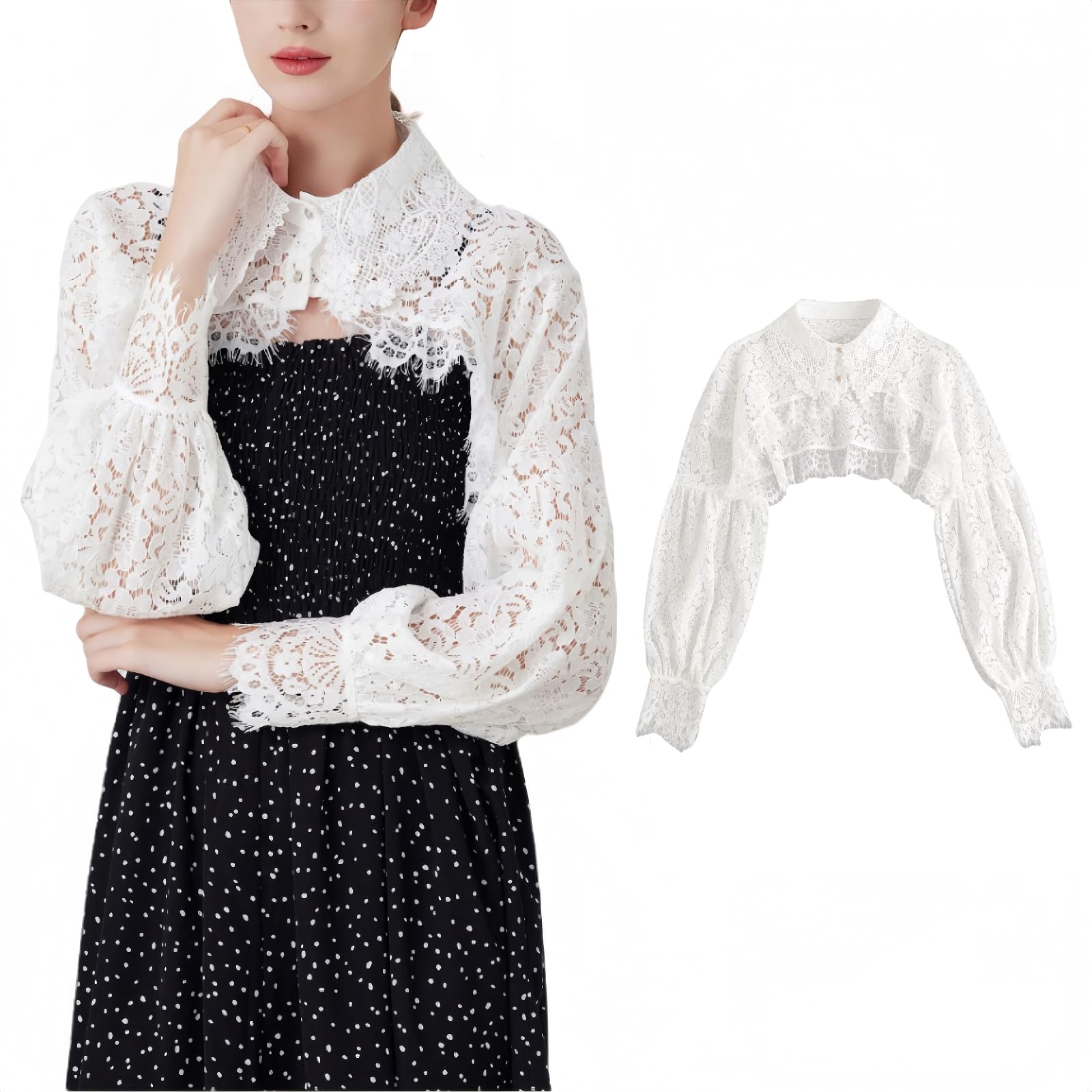 TouKingda Lace Fake Collar for Women Long Sleeve Detachable Half Shirt Blouse Dickey False Collar Party Dresses Crop Top Clubwear Rave Outfits, White
