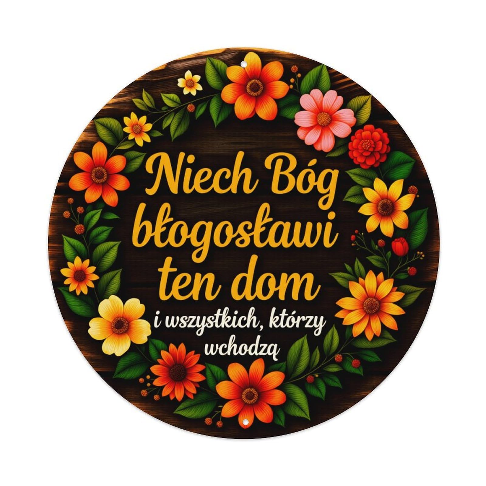Floral Wreath Wooden Sign With Polish Blessing Text Round Vintage Tin Sign,Retro Wall Art,Metal Poster for Home, Bar, Garage, Cafe, Rustic Indoor & Outdoor Decor, 8x8 Inches