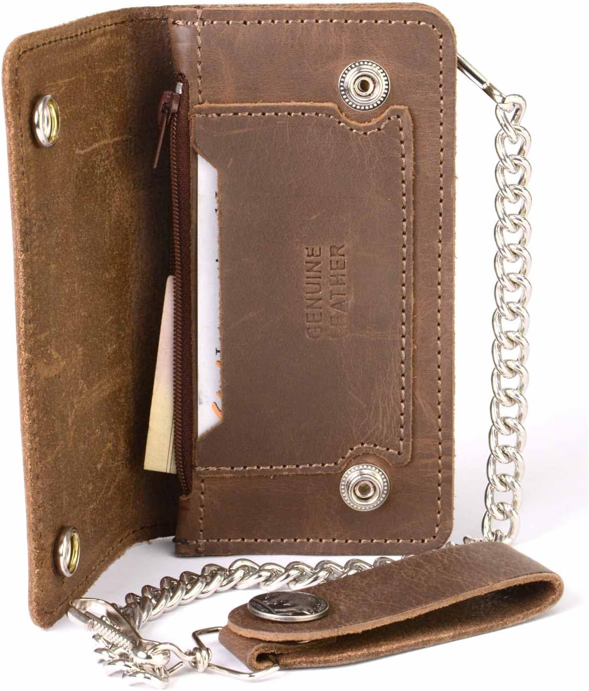 Milwaukee Leather MLW7827 Men's 6” Brown Leather Bi-Fold Biker Wallet w/Anti-Theft Stainless Steel Chain and Buffalo Nickel Snaps - 6 Inch