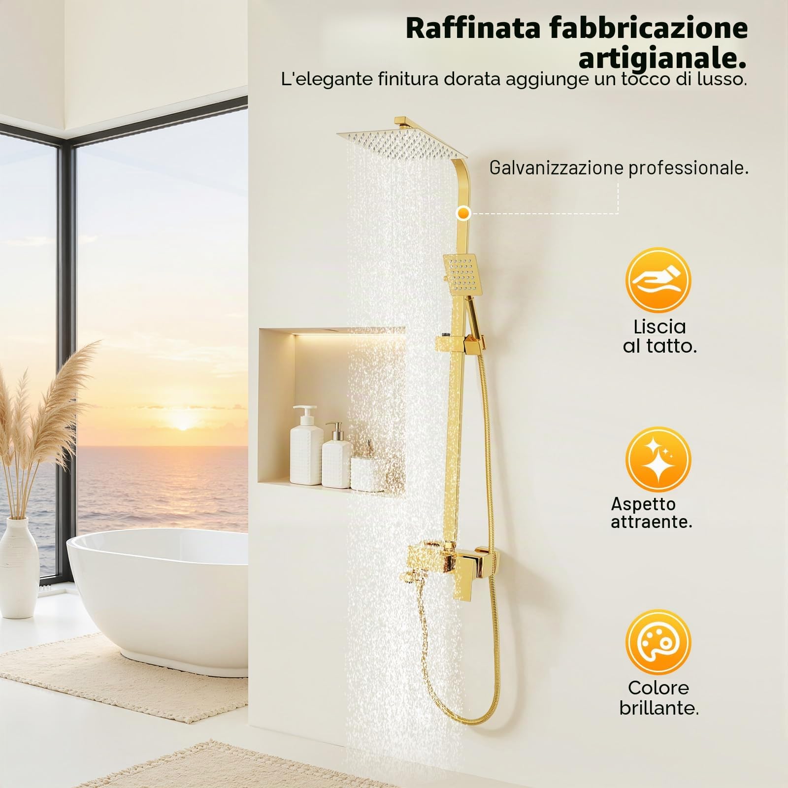 Sistema doccia in acciaio inossidabile - Doccia effetto pioggia - Con doccetta dorata - Colonna doccia regolabile in altezza - Per casa e hotel