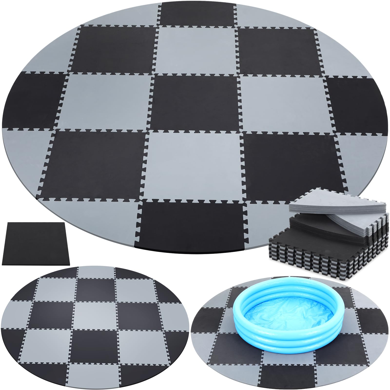Jutom 80" Hot Tub Mat for Inflatable Tub Round Interlocking Hot Tub Pad Black Gray Color Block Eva Foam Base Flooring Protector for Inflatable Pool Accessories Outdoor Indoor Black Gray (1/2" Thick)