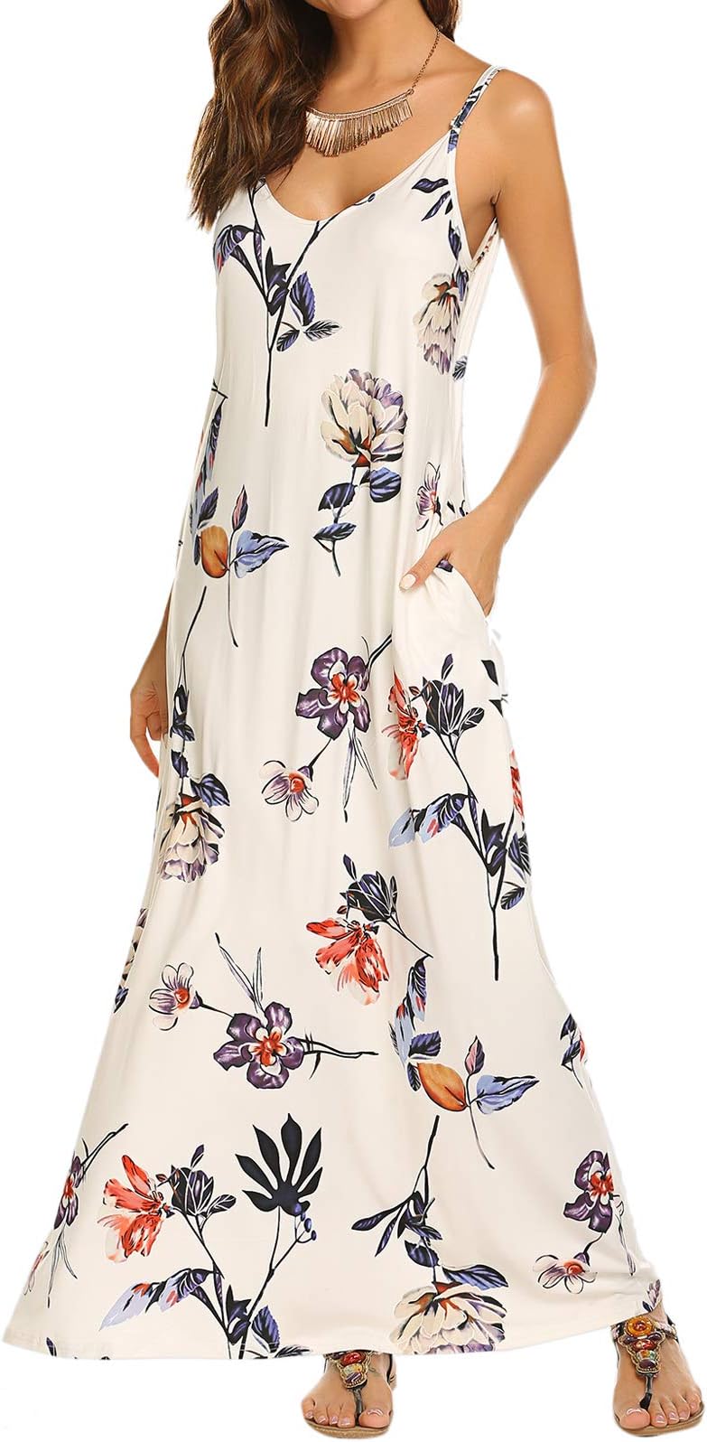 OURS Women's Summer Casual Floral Printed Bohemian Spaghetti Strap Floral Long Maxi Dress with Pockets