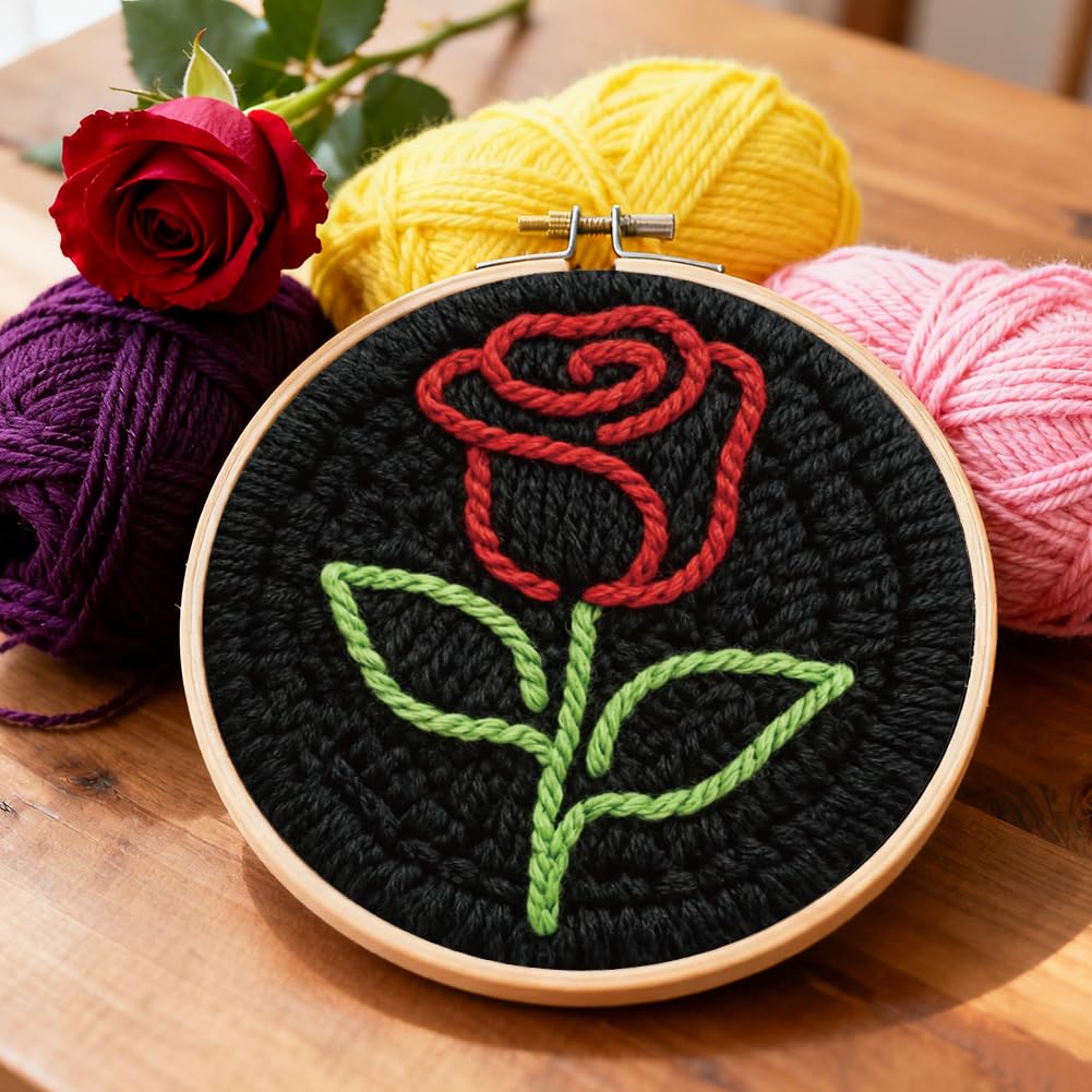 INFUNLY Set di aghi per ricamo a forma di rosa semplice fai da te per principianti, nero rotondo punch needle Starter Set da 8,7 pollici, facile per adulti con istruzioni per ricamo e filo