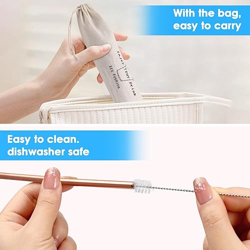 Miniatura 5 de 20 popotes de acero inoxidable reutilizables de oro rosa, pajitas reutilizables de 10.5 y 8.5 pulgadas con 20 puntas de silicona, 5 cepillos para