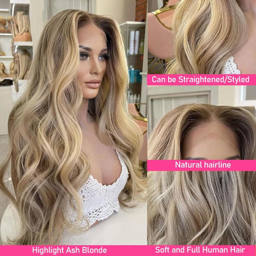 Image of Balayage Highlight Ash Blonde Lace Front Wigs Human Hair 250% Density Body Wave Ombre Human Hair 13x6 Skinliked UHD Transparent Lace Wigs Handmade Balayage Jewish Wig 26 Inch