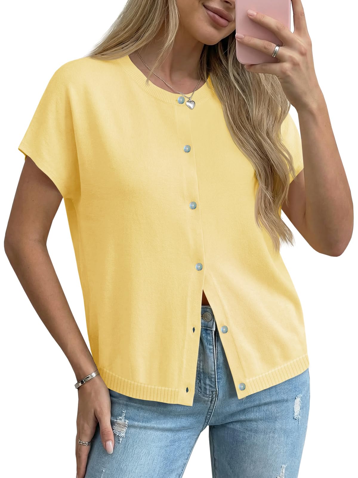 Womens Oversized Cardigans Summer Short Sleeve Lightweight Knit Button Down Crew Neck Casual Sweater Tops-image-48