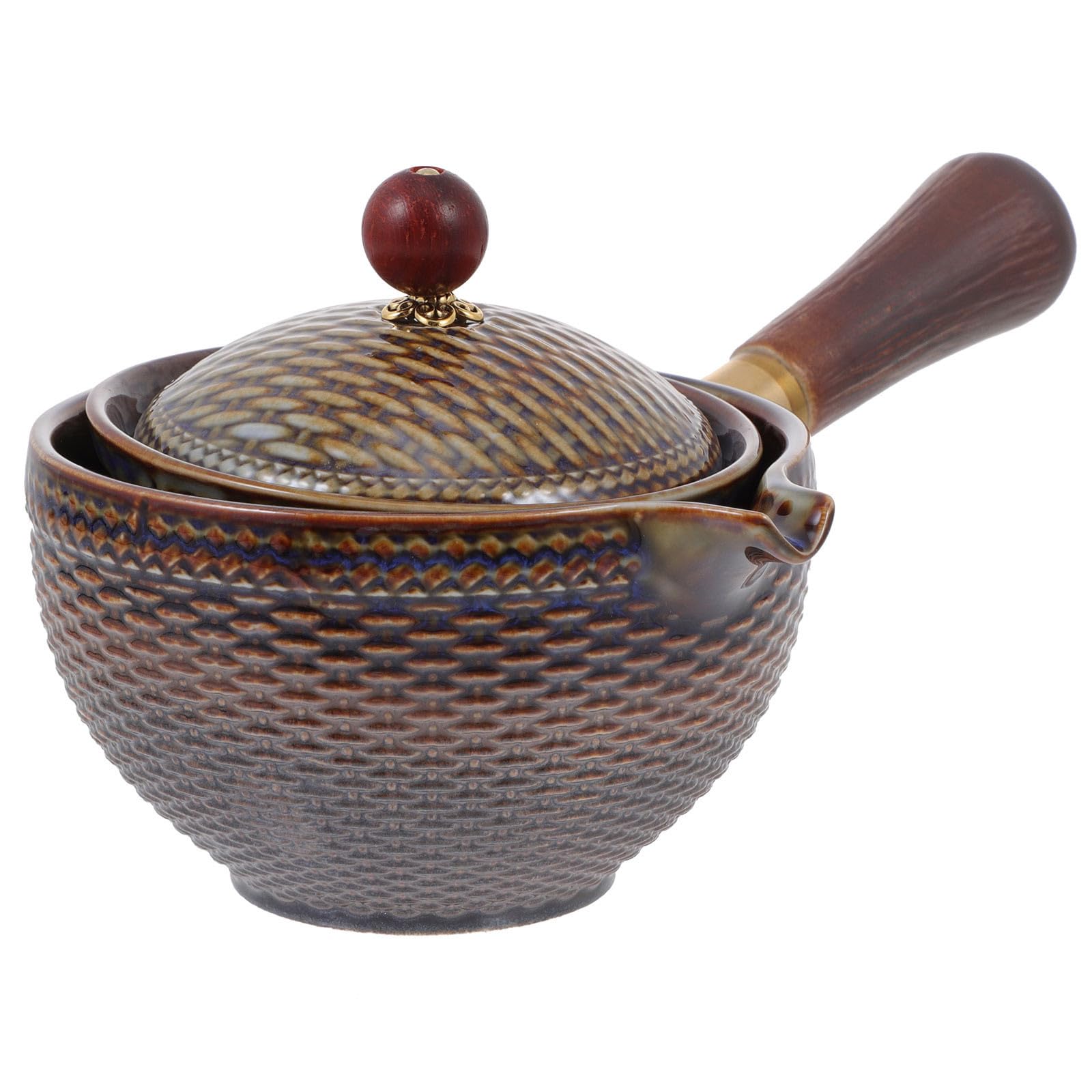 POPETPOP Tetera Cuerpo de Acero Inoxidable y Madera Marrón Cerámica Resistente al Calor Filtro Fácil de Limpiar para Hacer Té Kung Fu en Casa
