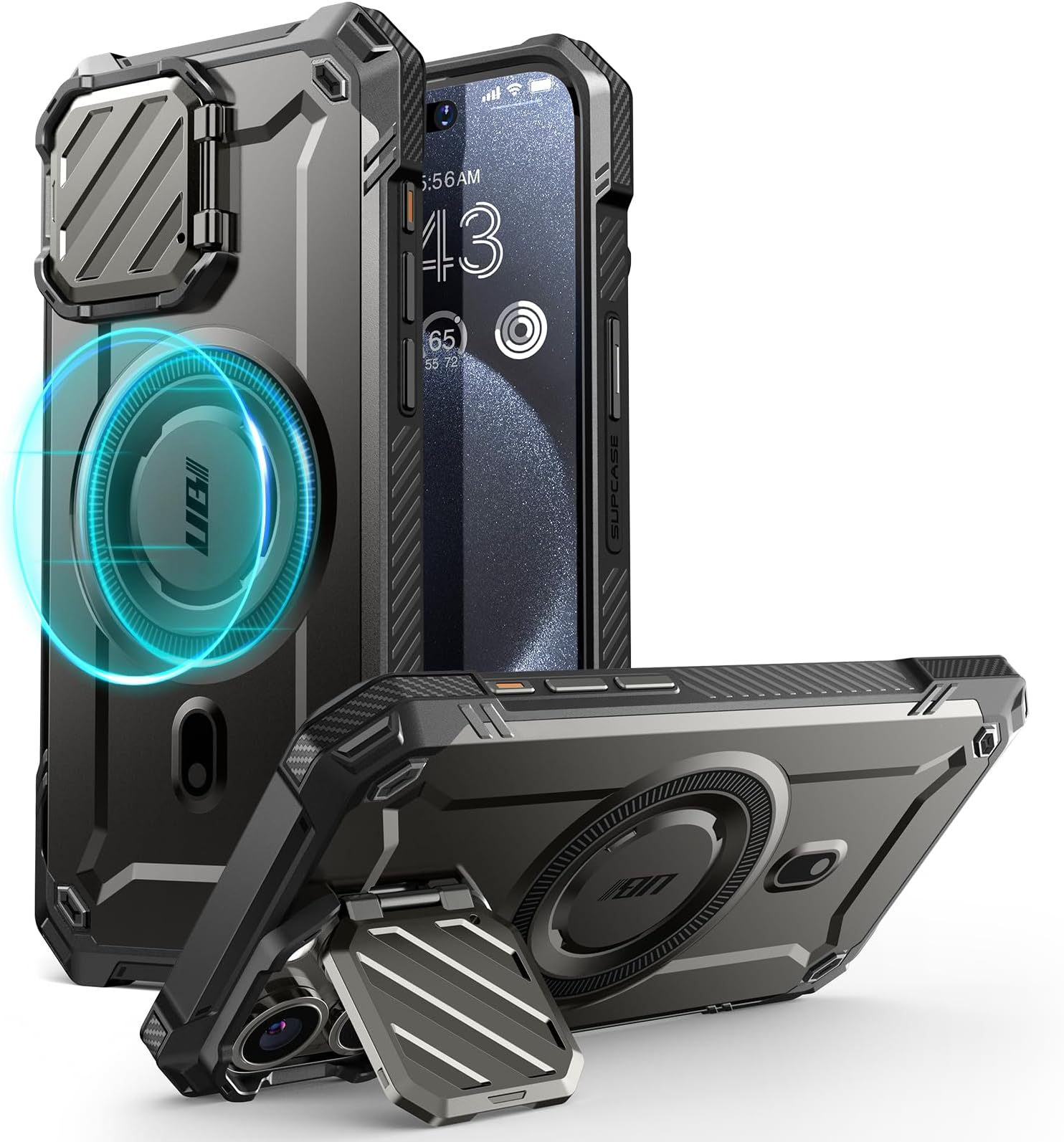 UB Mag XT for iPhone 15 Pro Max Case with Camera Cover, [Compatible with MagSafe] Full Body Rugged Case with Built-in Kickstand - Black