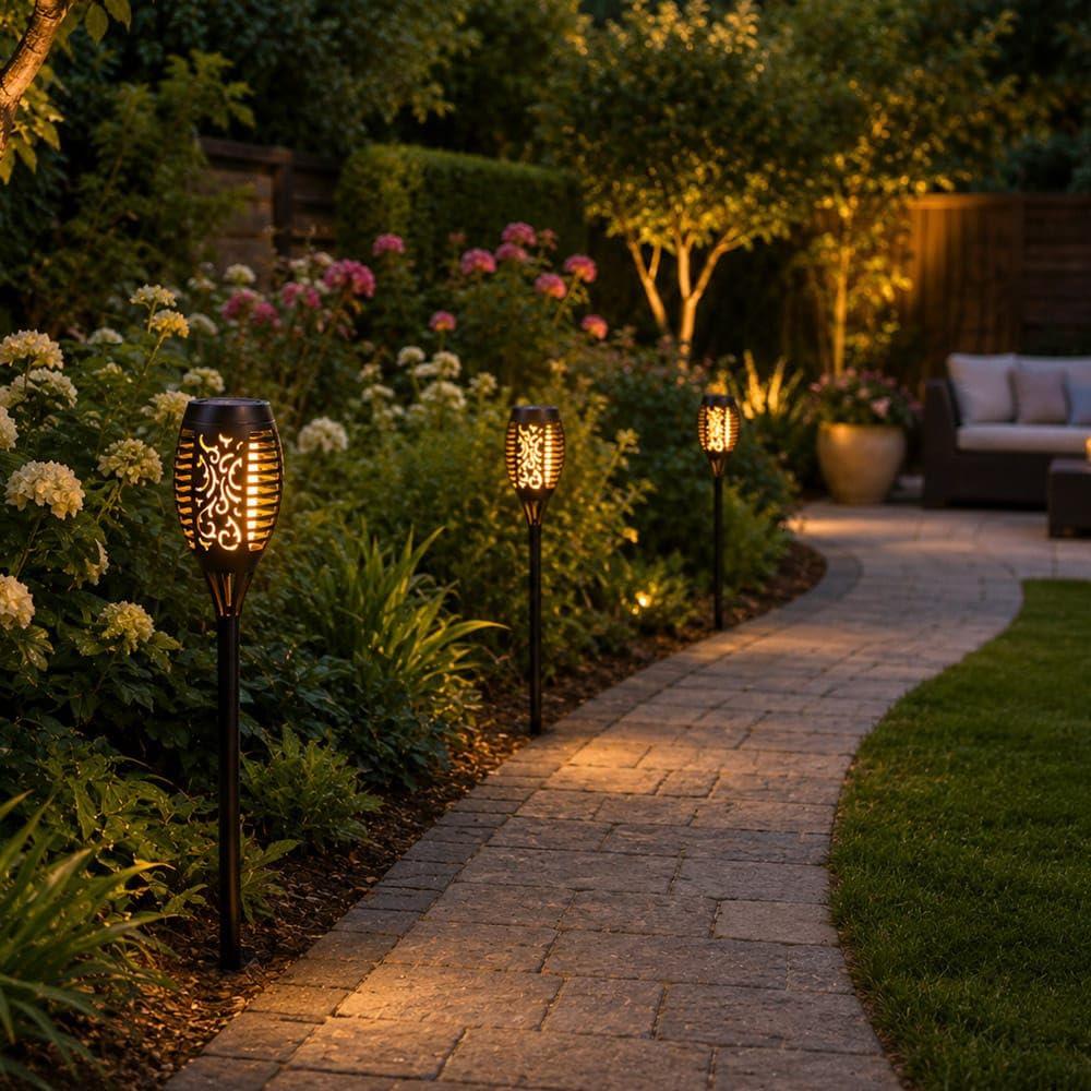 HOFTRONIC - 12er Set Avon LED Solarfackeln mit Flammeneffekt - 2200K Extra Warmweiß - IP65 Wasserdicht - Solar Flammenlicht - 50cm - Incl. Dämmerungsschalter