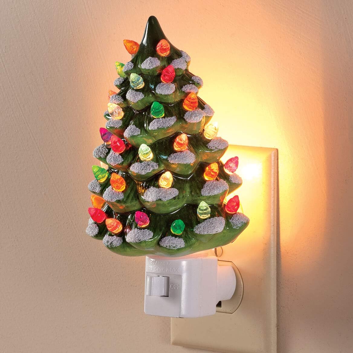 Fox Valley Traders Ceramic Christmas Tree Night Lights – Set of 2 Holiday Plug-in Nightlights with Multicolor Bulbs – Vintage Green & White Snow-Capped Trees – Giftable Holiday Décor
