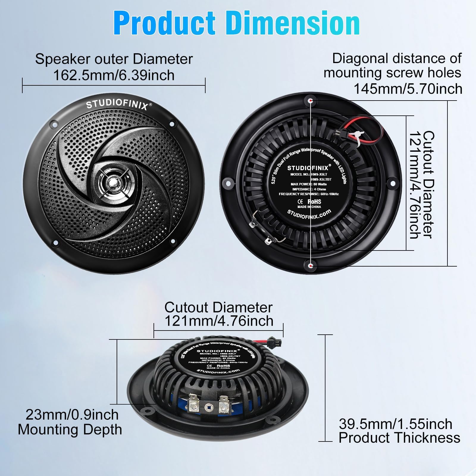 Enceintes Bluetooth étanches STUDIOFINIX pour bateaux - Audio extérieur 2 voies 5,25", étanche, éclairage LED, 160W, design fin discret (Noir)