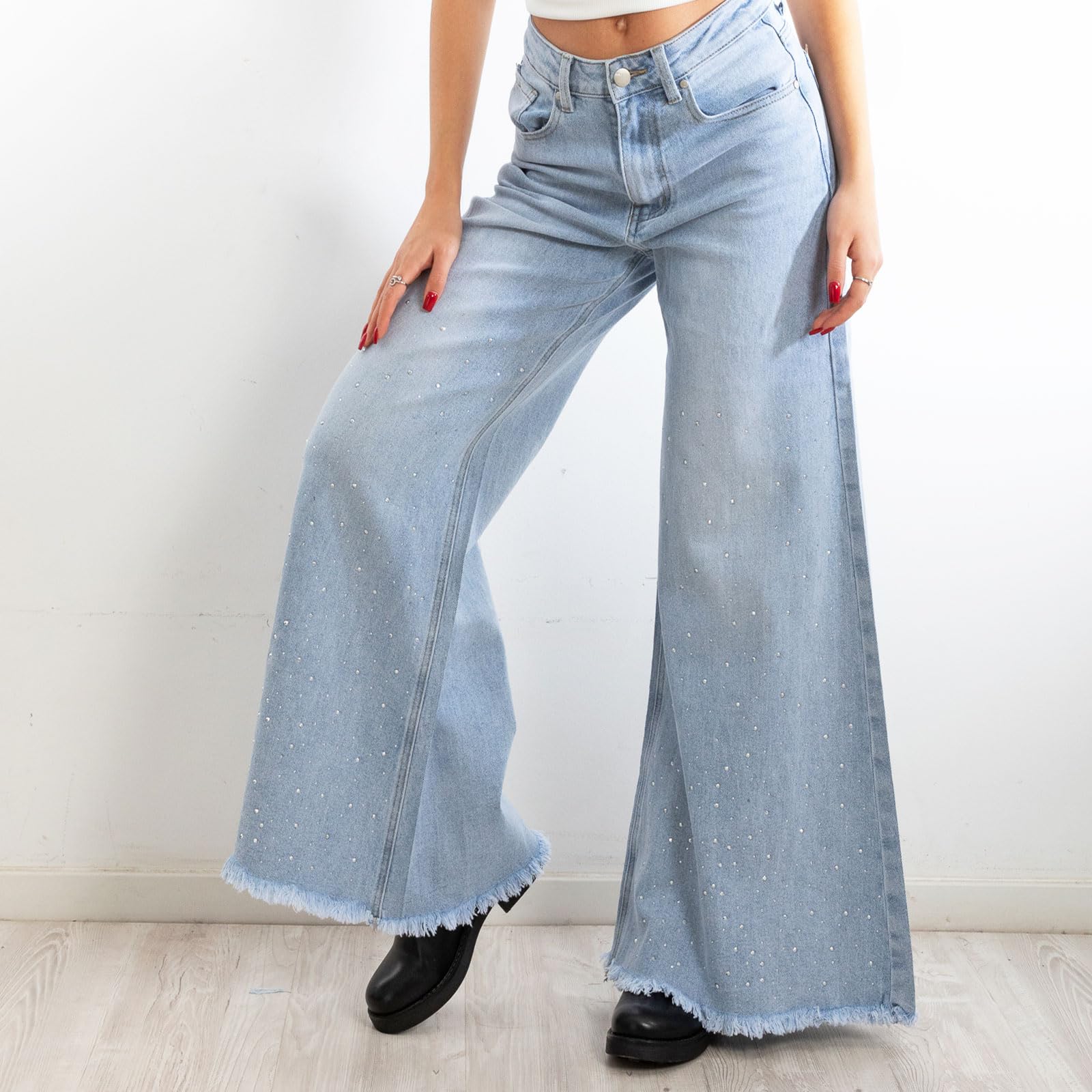 Toocool Jeans Donna Pantaloni Denim Campana Zampa Flare Strass Larghi FX1243