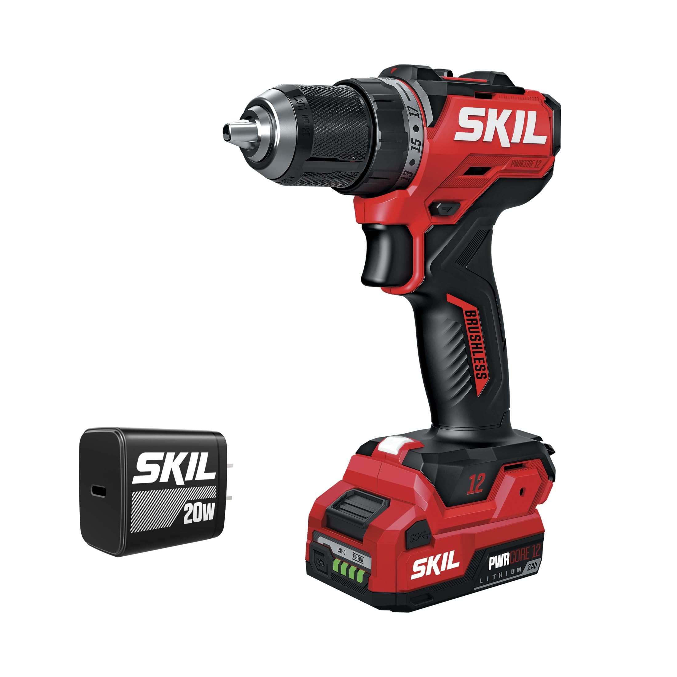 SKIL 12V Brushless Cordless 1/2-Inch Compact Drill Driver Kit Including 2.0Ah USB-C Battery and 20W Charger - DL6290A-11