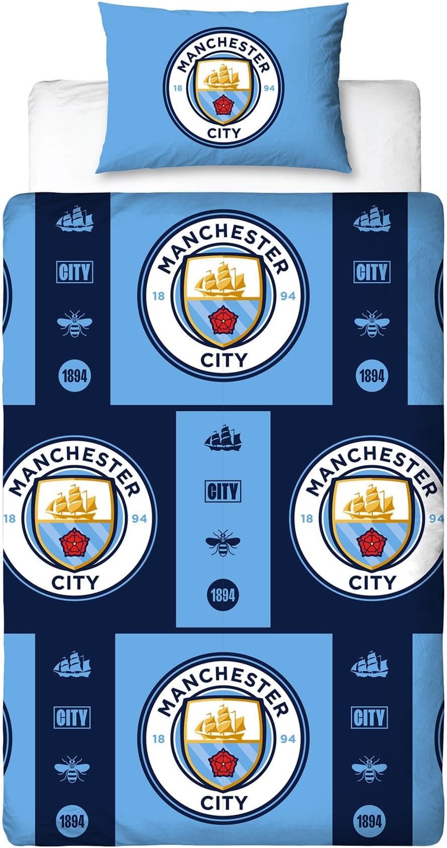 Manchester City FC Single Duvet Cover Set – Official Reversible Bedding – Polycotton Man City Crest Emblem Design – Perfect for Cityzens