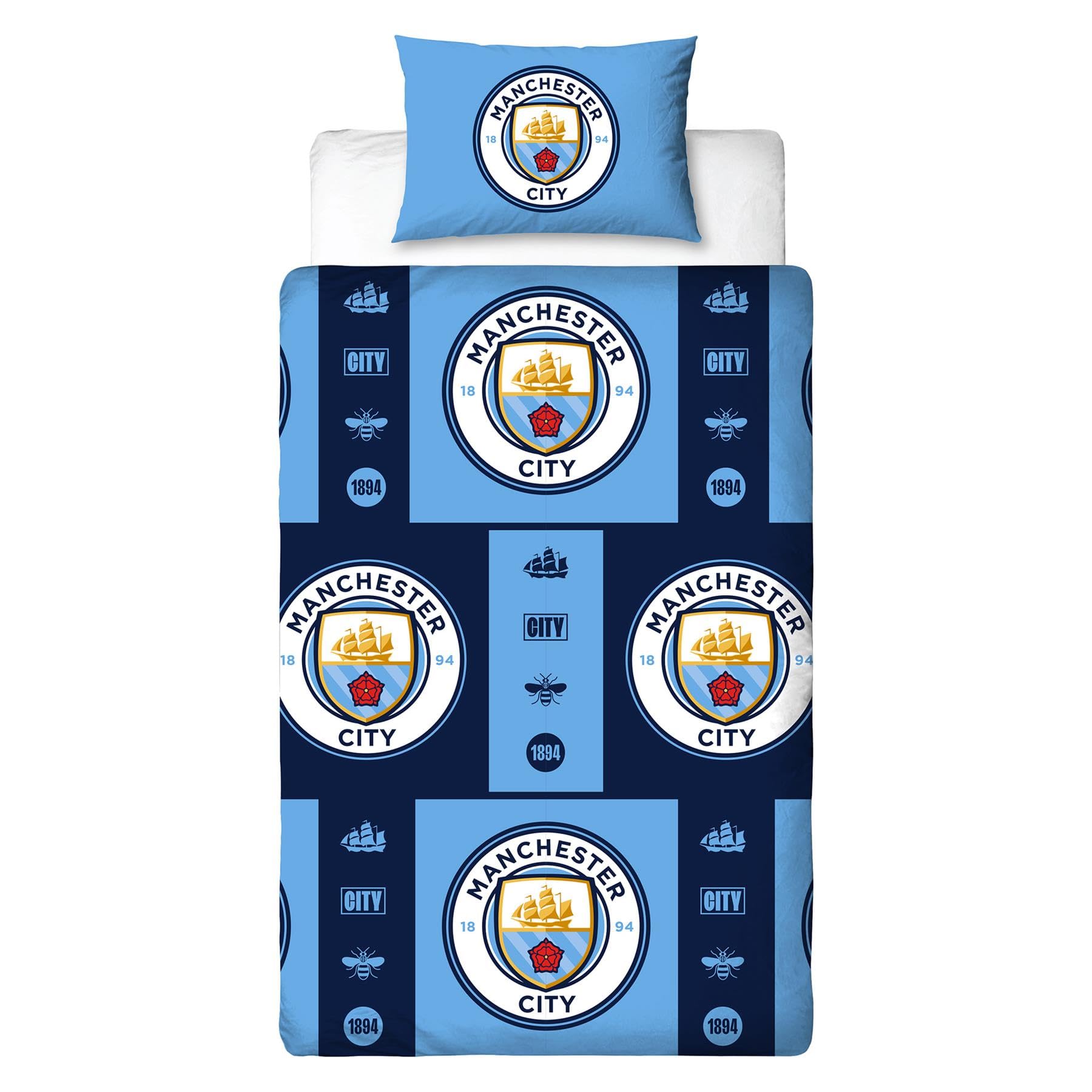 Manchester City FC Single Duvet Cover Set – Official Reversible Bedding – Polycotton Man City Crest Emblem Design – Perfect for Cityzens