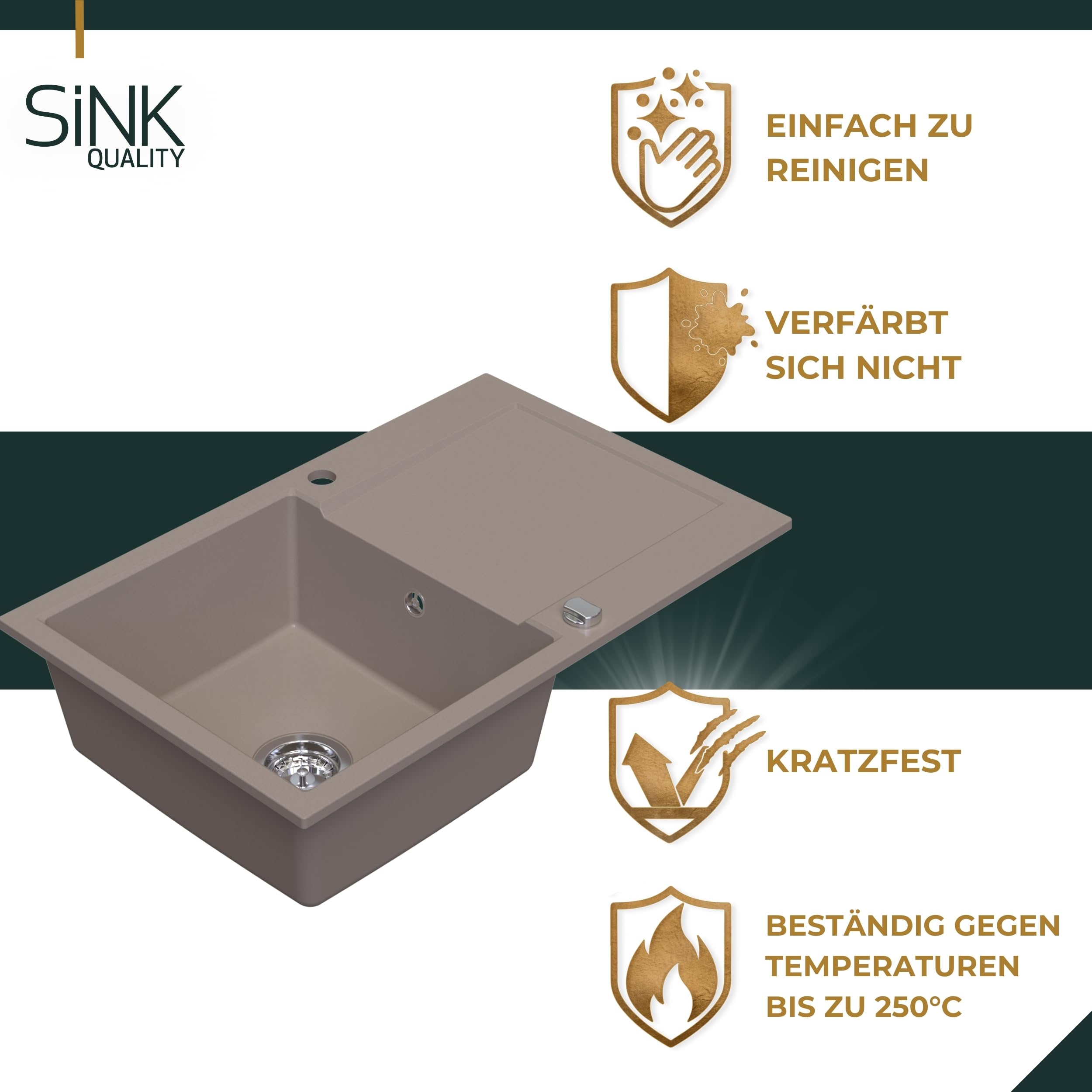SINK Quality zlewozmywak kuchenny z ociekaczem – zlewozmywak beżowy 79 x 50 cm – w zestawie syfon i środki impregnujące – zlewozmywak do zabudowy z granitu do szafki pod umywalkę 50