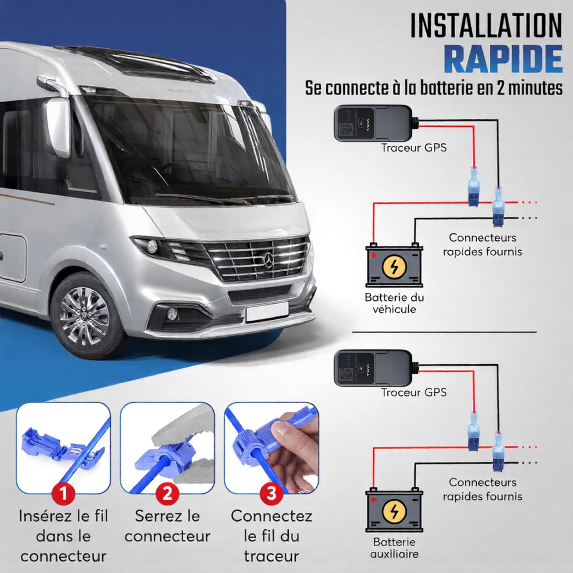 Traceur GPS sans abonnement mensuel – Pas besoin de recharge – Application et abonnement 10 ans inclus – Tracker GPS voitures, motos, camping-car, vans – Suivi en temps réel, alertes de mouvement