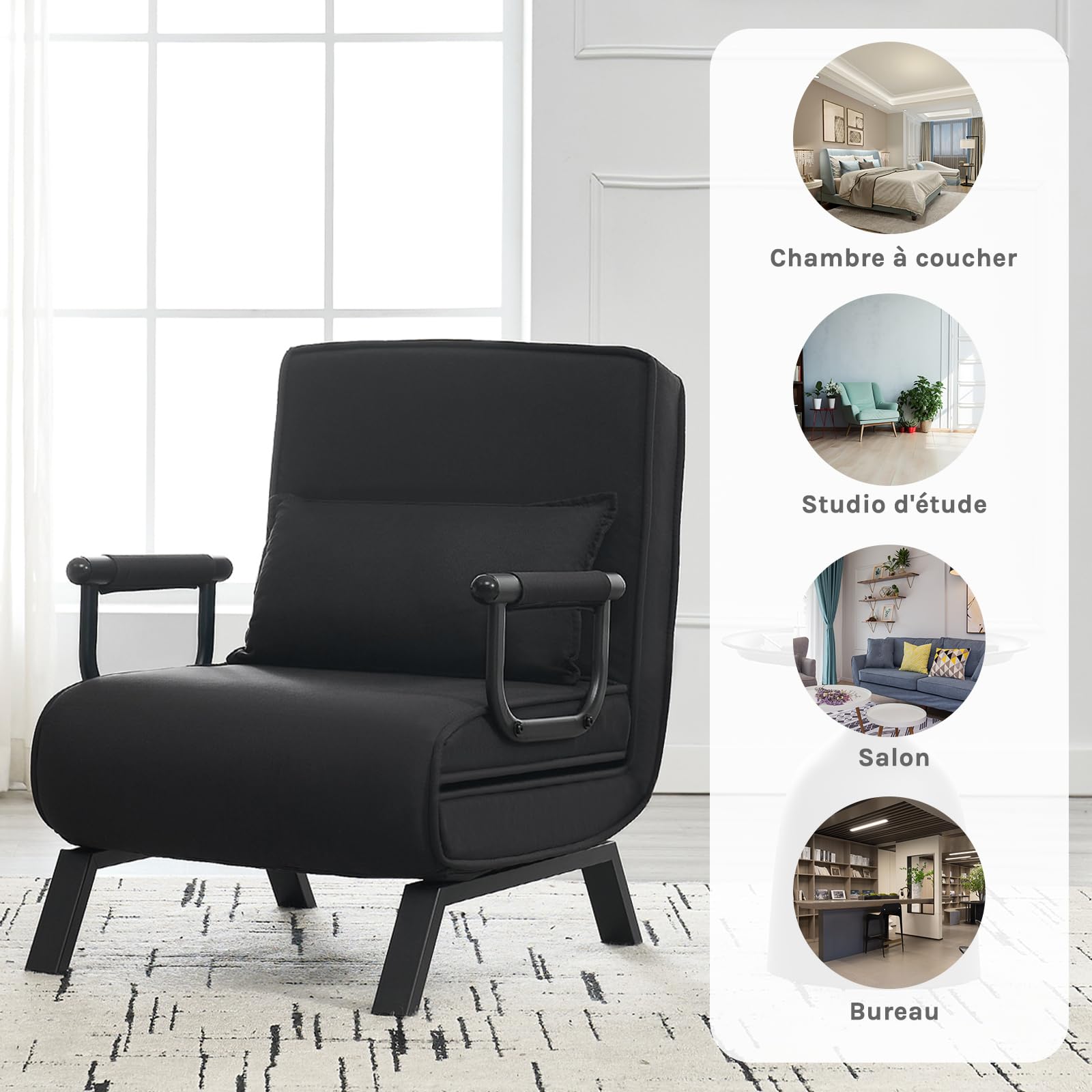 WOLTU Fauteuil Lit 1 Place Convertible, Canapé Lit Convertible 3 en 1, avec Dossier Réglable en 5 Positions, Fauteuil Salon, Oreiller Amovible, Siège Rembourré, 65x75x78cm, Noir