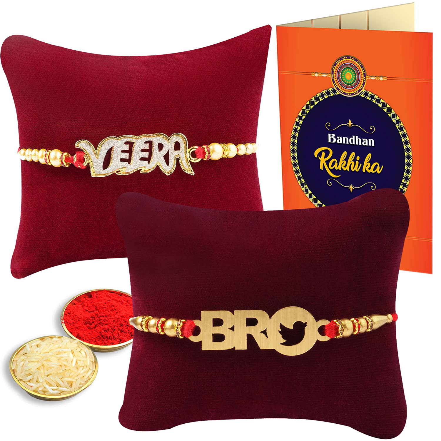 TOMAS WEENER Rakhi for Brother Bhaiya Rakhi Set, Diamond VEERA Rakhi and Bro Rakhi Wooden with Raksha Bandhan Greeting Card Bro Rakhi Pack of 3