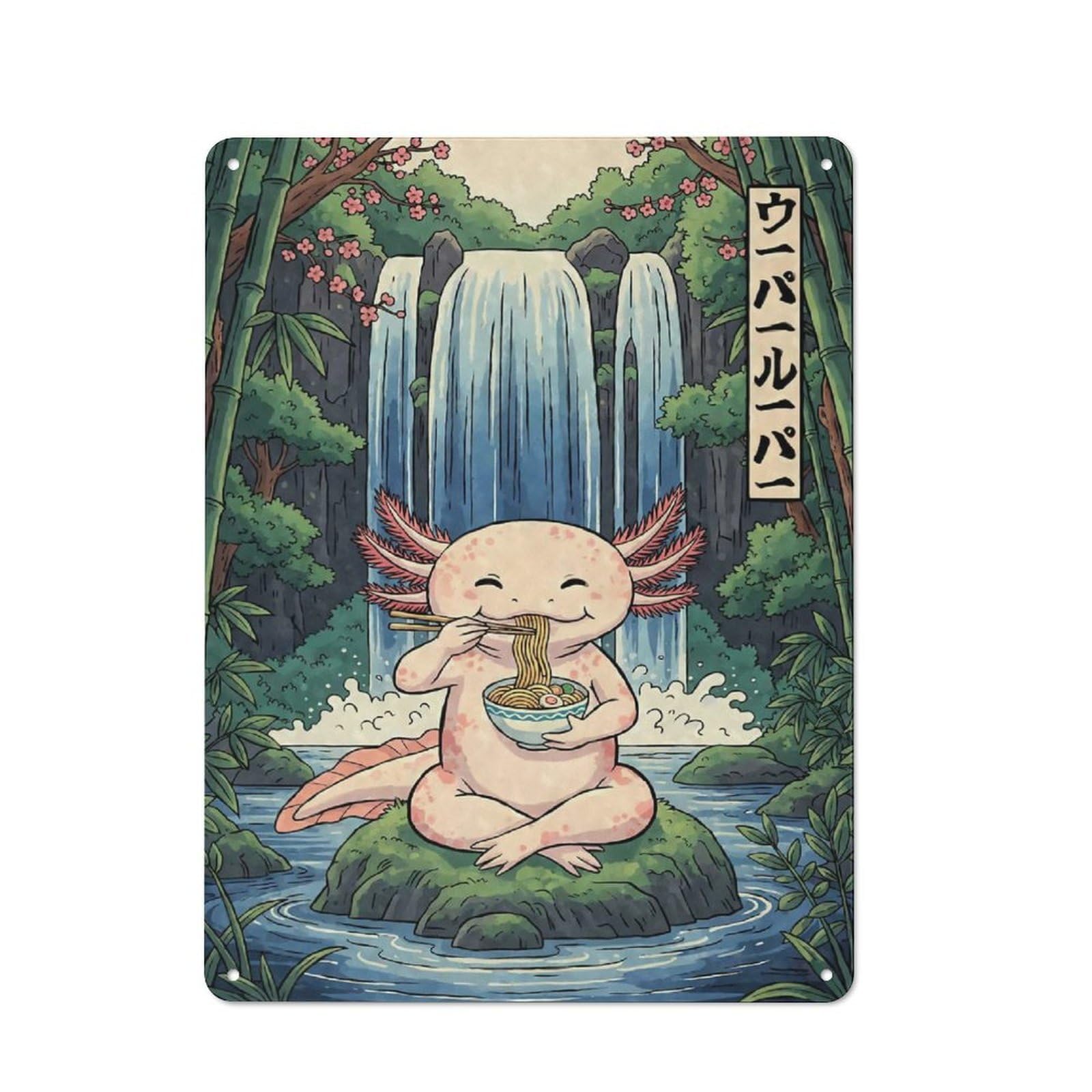Junmoney Axolotl Eating Ramen By Waterfall Rustic Metal Wall Decor 40X30cm, Country Metal Sign For Kitchen, Cottage, Porch Or Garden Room