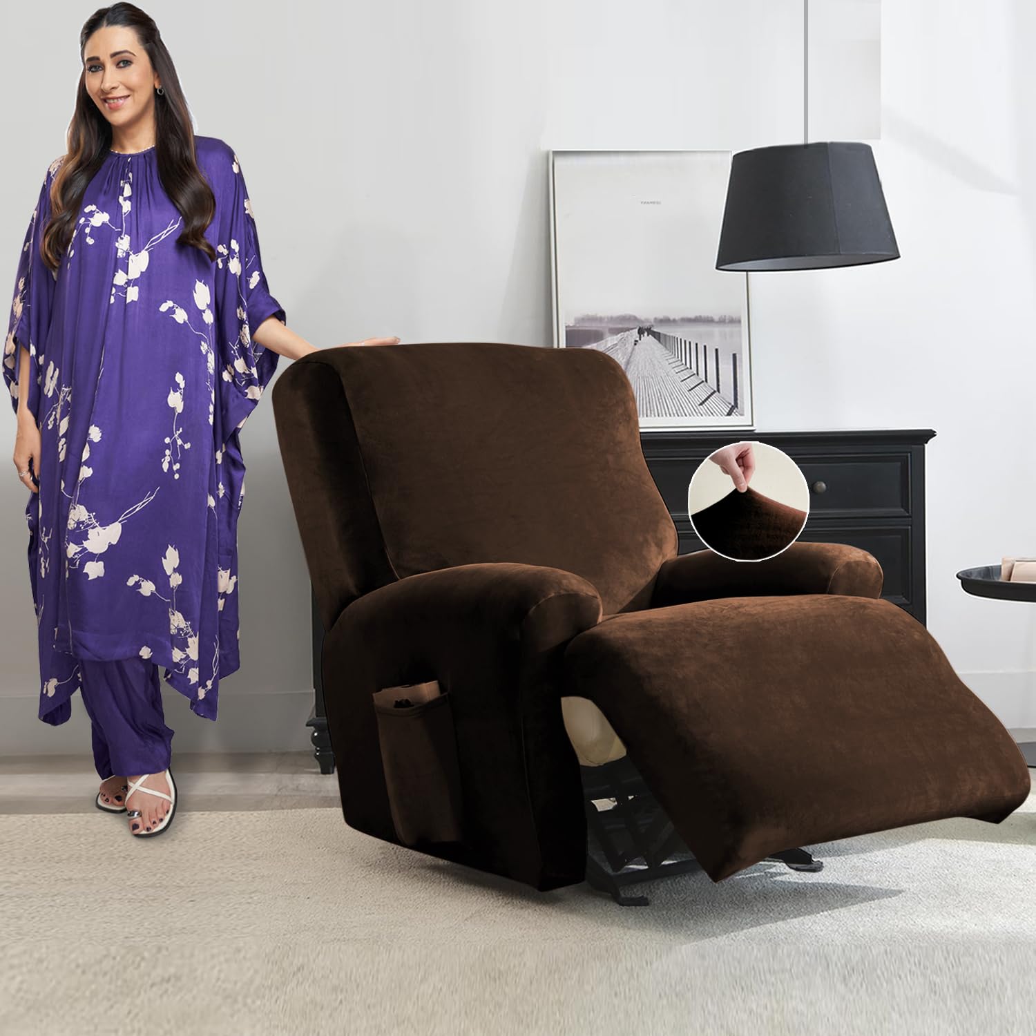 HOKIPO 200 GSM Velvet Recliner Sofa Slipcover 1 Seater Fully Covered 4-Piece Set Machine Washable Furniture Protector for Kids Pet, Brown (AR-4907-BR)-image-23