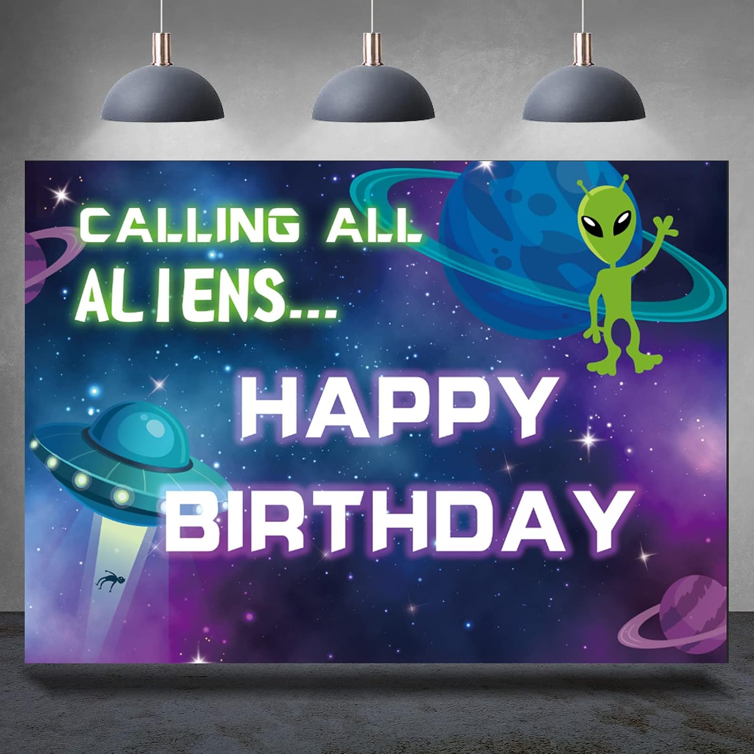 UFO Alien Backdrop Spaceship Happy Birthday Party Photography Background Flying Saucer Science Cartoon Space Theme Party Decorations Supplies for Boys Kids Party Banner Photo Booth Props 7x5ft