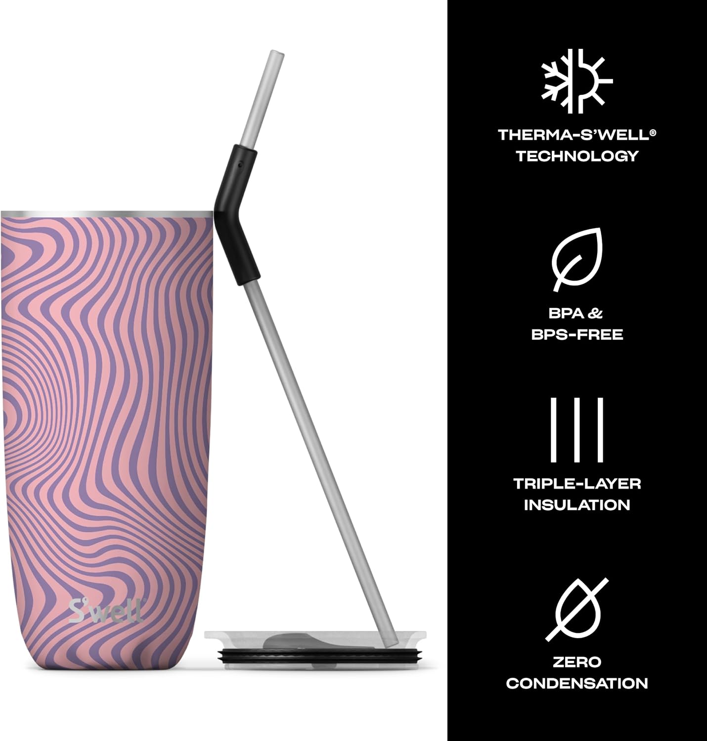 S'well Stainless Steel Tumbler with Straw and Slide-Open Lid, 24oz, Lavender Swirl, Triple Layered Vacuum Insulated Containers Keeps Drinks Cold for 18 Hours and Hot for 5, BPA Free - Image 3