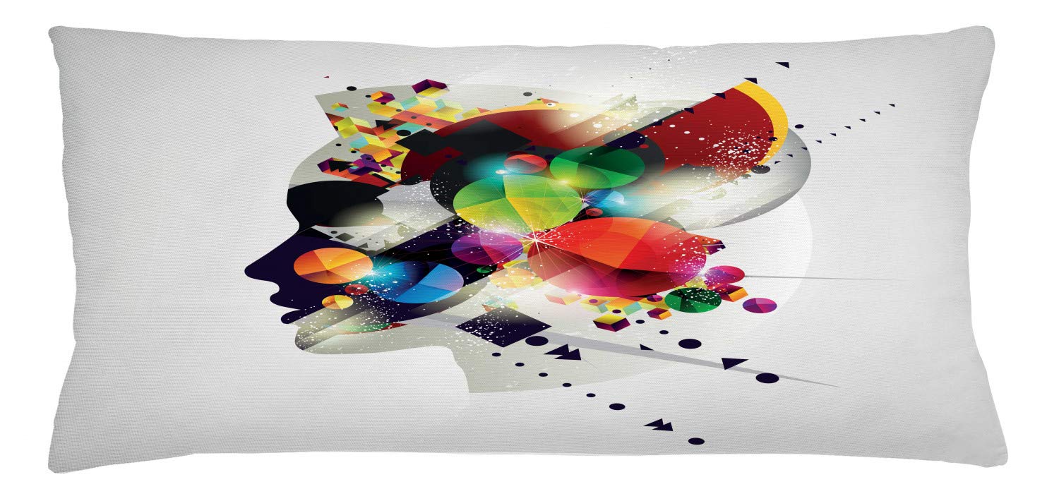 Lunarable Abstract Throw Pillow Cushion Cover, Modern Graphic Composition with Colorful Geometric Digital Shapes and Girl Profile, Decorative Rectangle Accent Pillow Case, 36