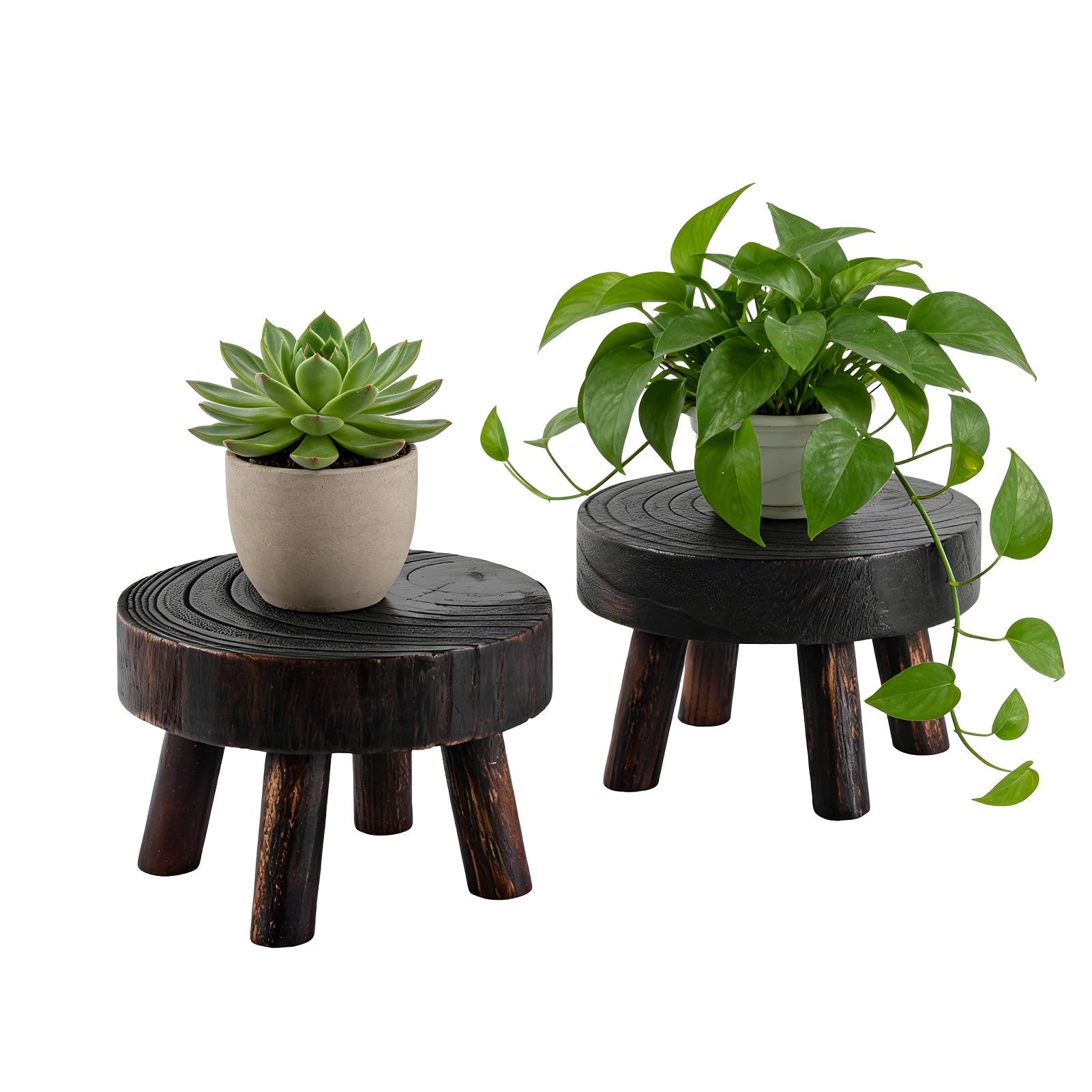 SIGONE Wood Plant Stand 2 Pack, Mini Wooden Stool Display Stand, Boho Bonsai Holder Decorative Flower Pot Holder for Garden Living Room Balcony Office Dark Brown